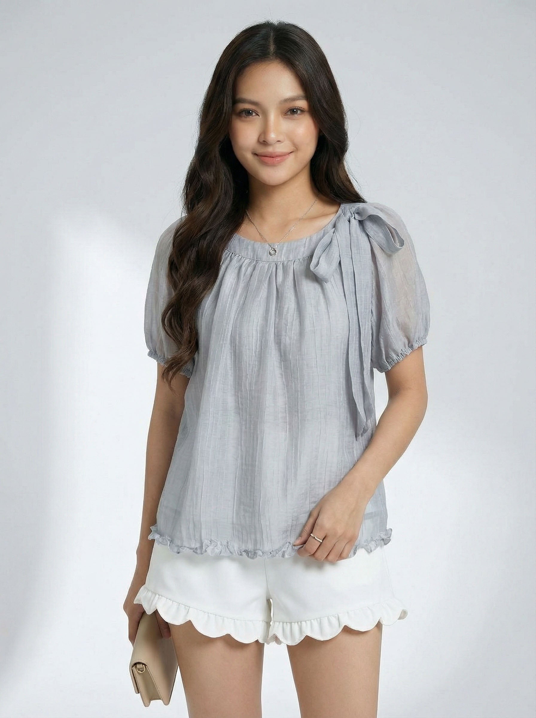 Sweetheart Style Two-Piece Look Square Neck Ruffled Hem Short Sleeve