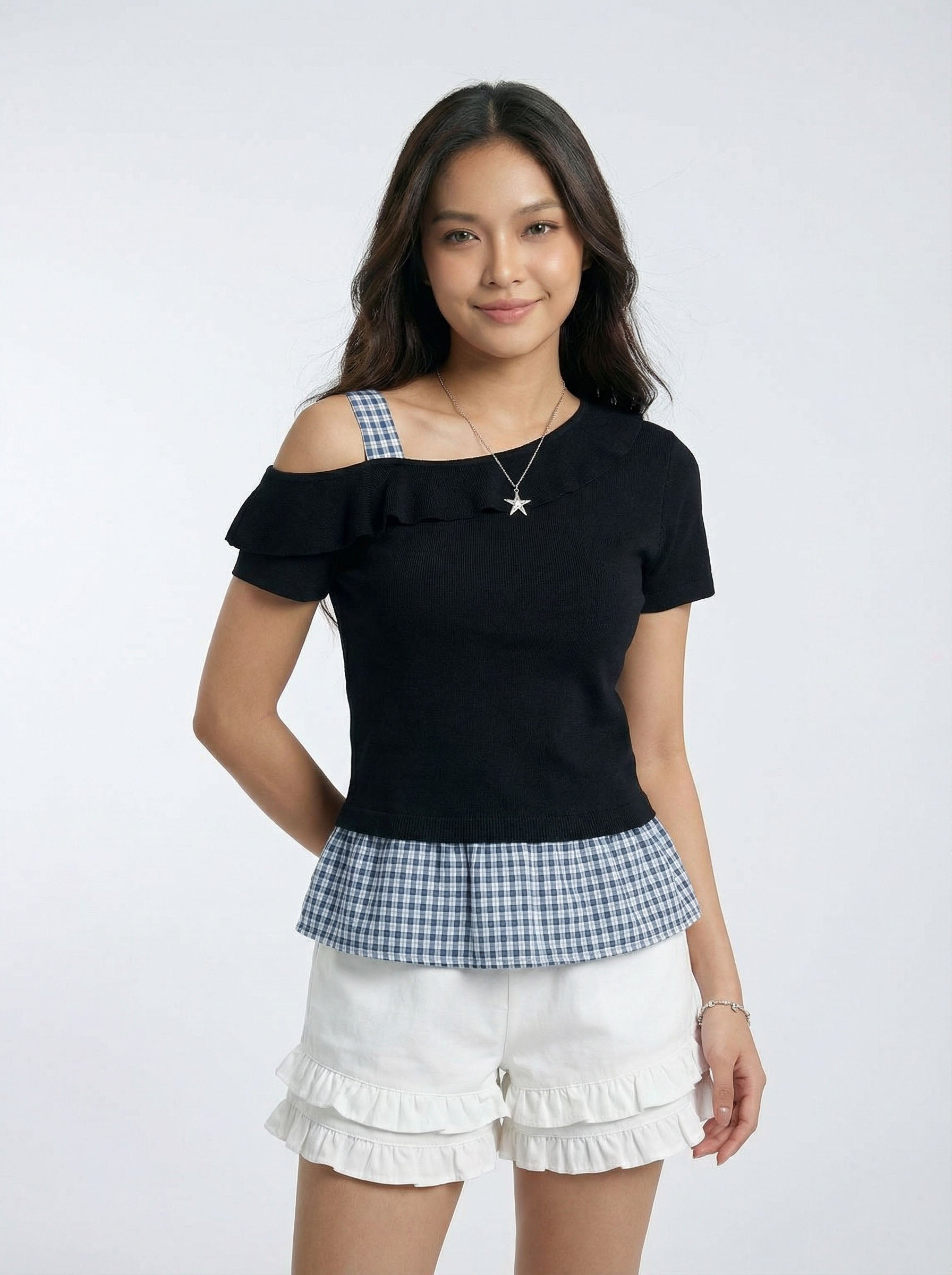 Off-the-Shoulder Patchwork Asymmetric Ruffled Short Sleeve