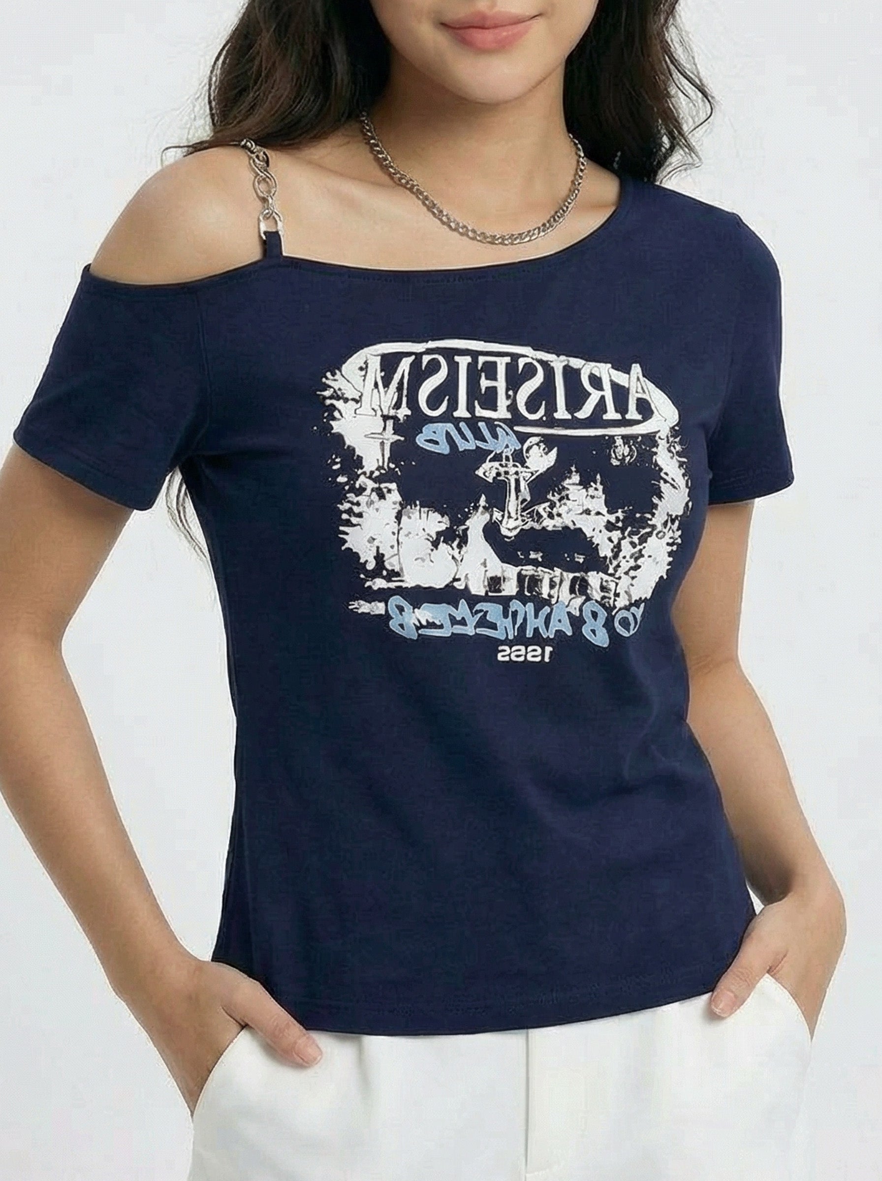 Off-the-Shoulder Asymmetric Printed Slimming Short Sleeve