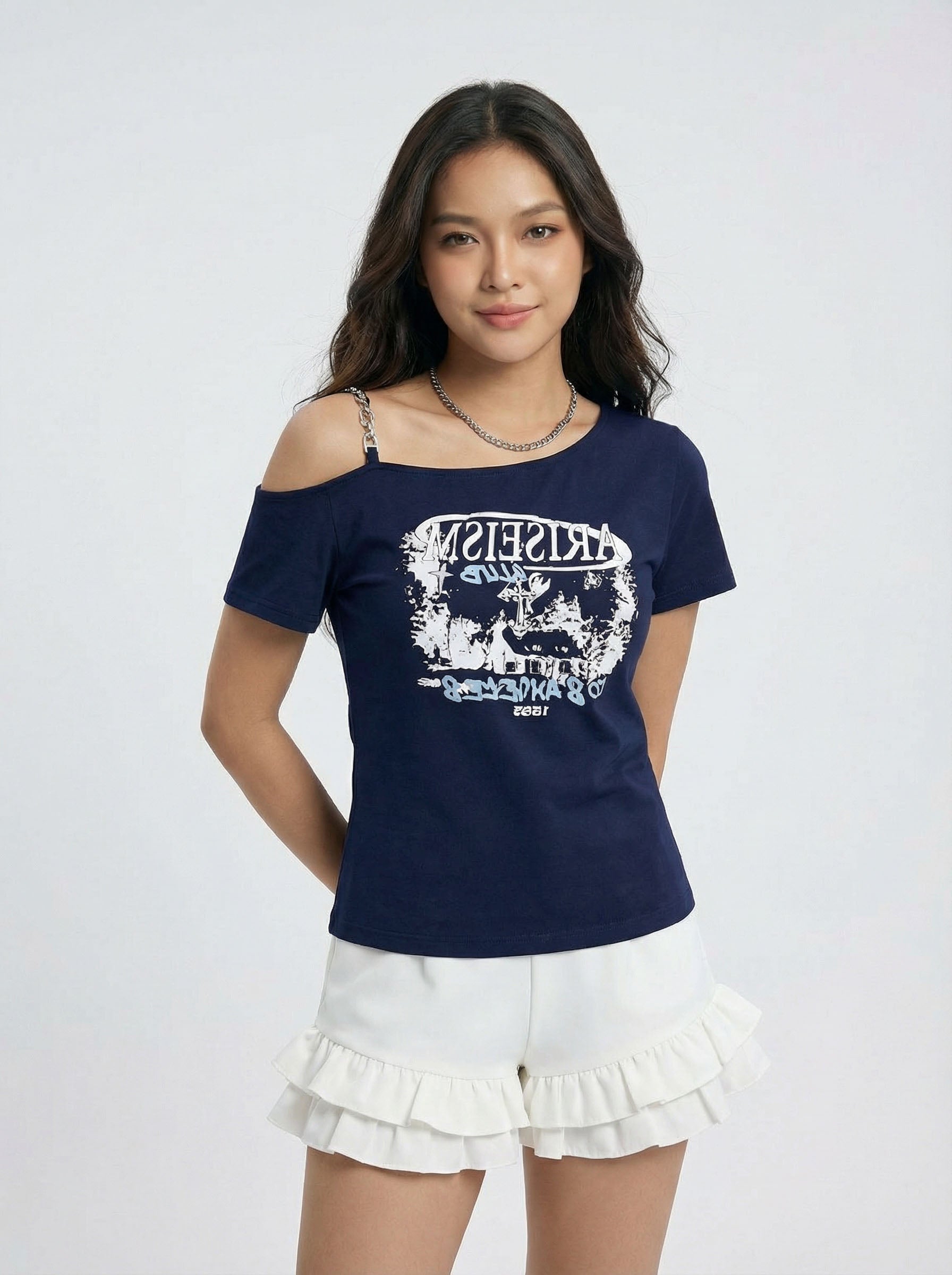 Off-the-Shoulder Asymmetric Printed Slimming Short Sleeve