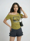 Off-the-Shoulder Asymmetric Printed Slimming Short Sleeve