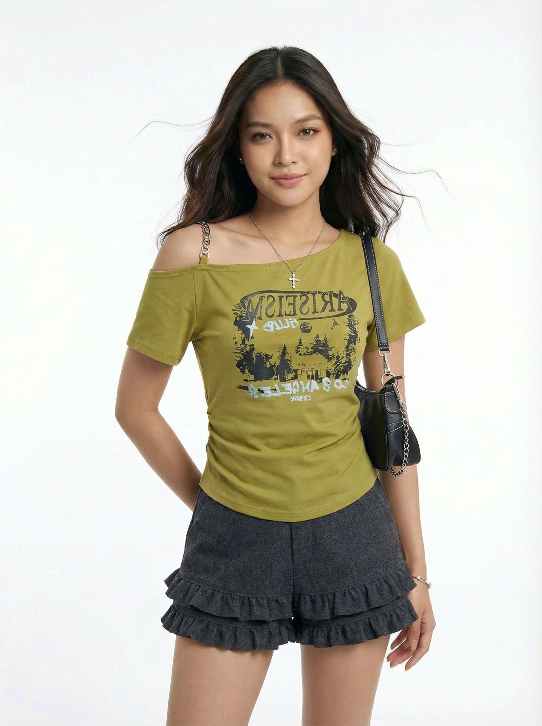 Off-the-Shoulder Asymmetric Printed Slimming Short Sleeve