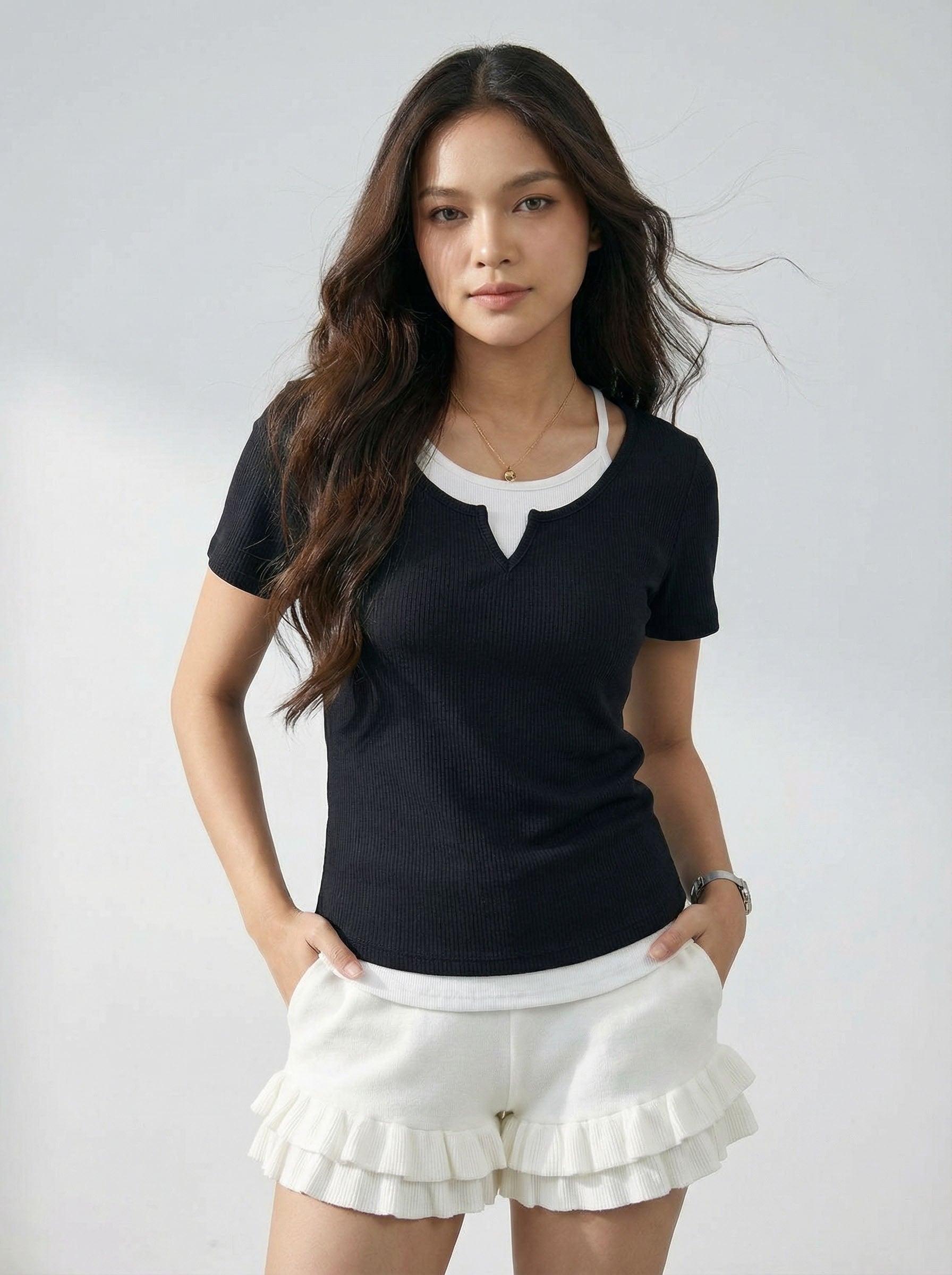 Two-Piece Look Spaghetti Strap Patchwork Short Sleeve