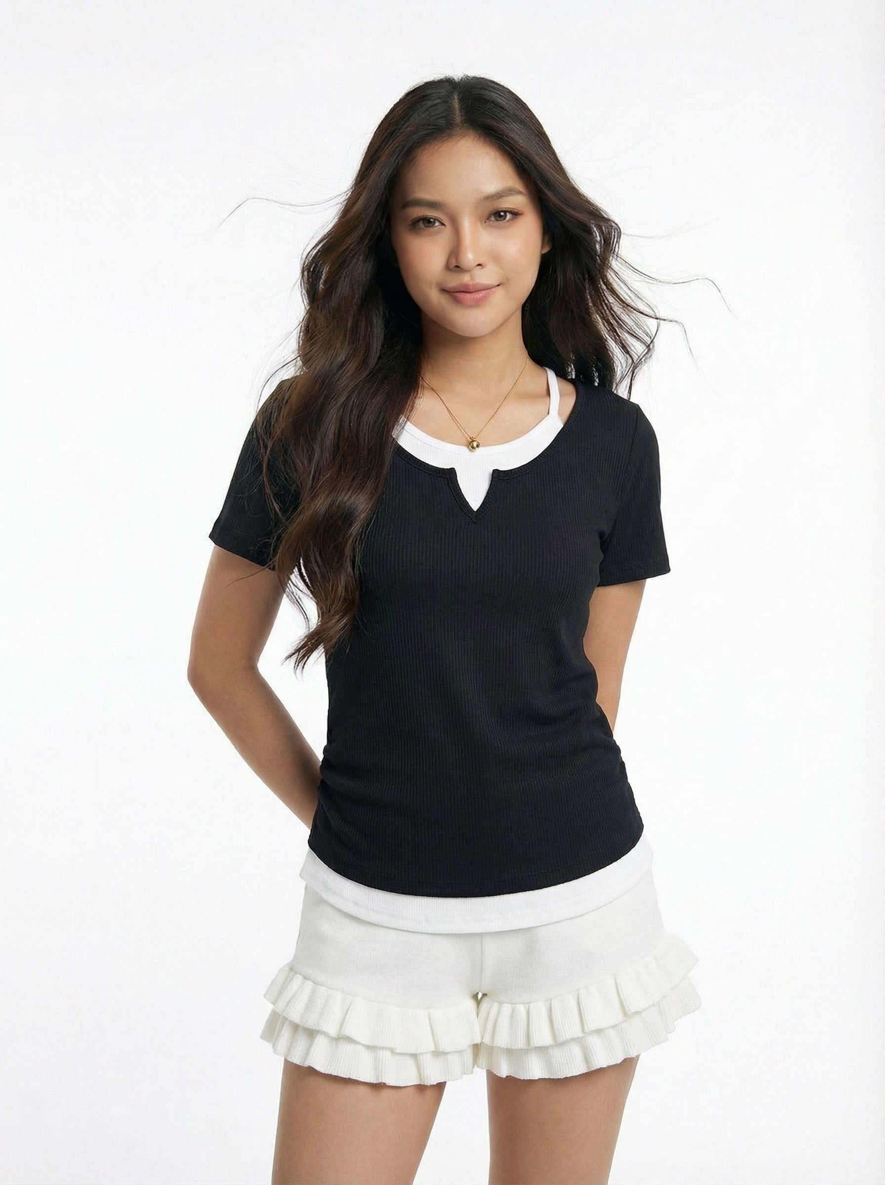 Two-Piece Look Spaghetti Strap Patchwork Short Sleeve