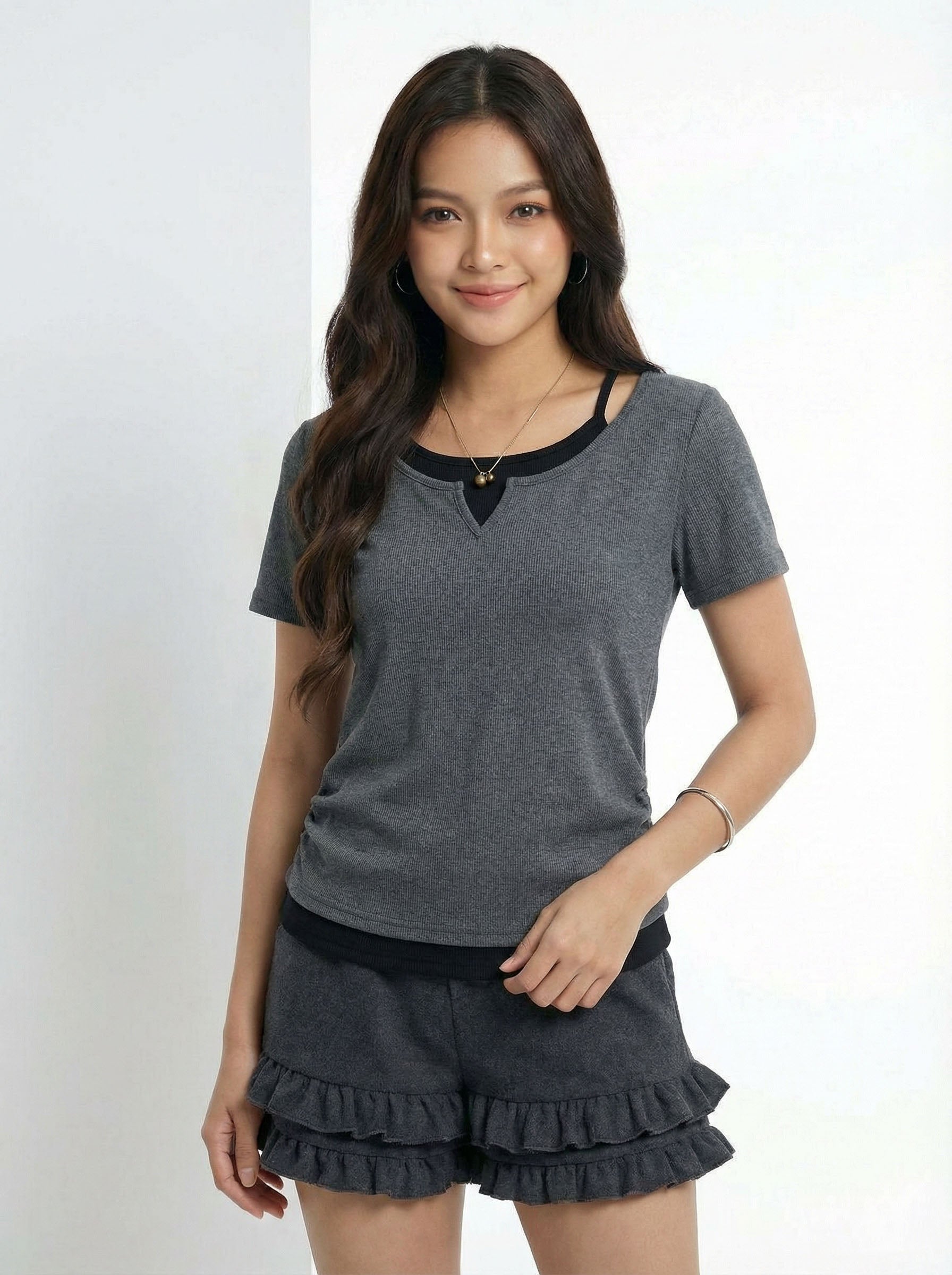 Two-Piece Look Spaghetti Strap Patchwork Short Sleeve