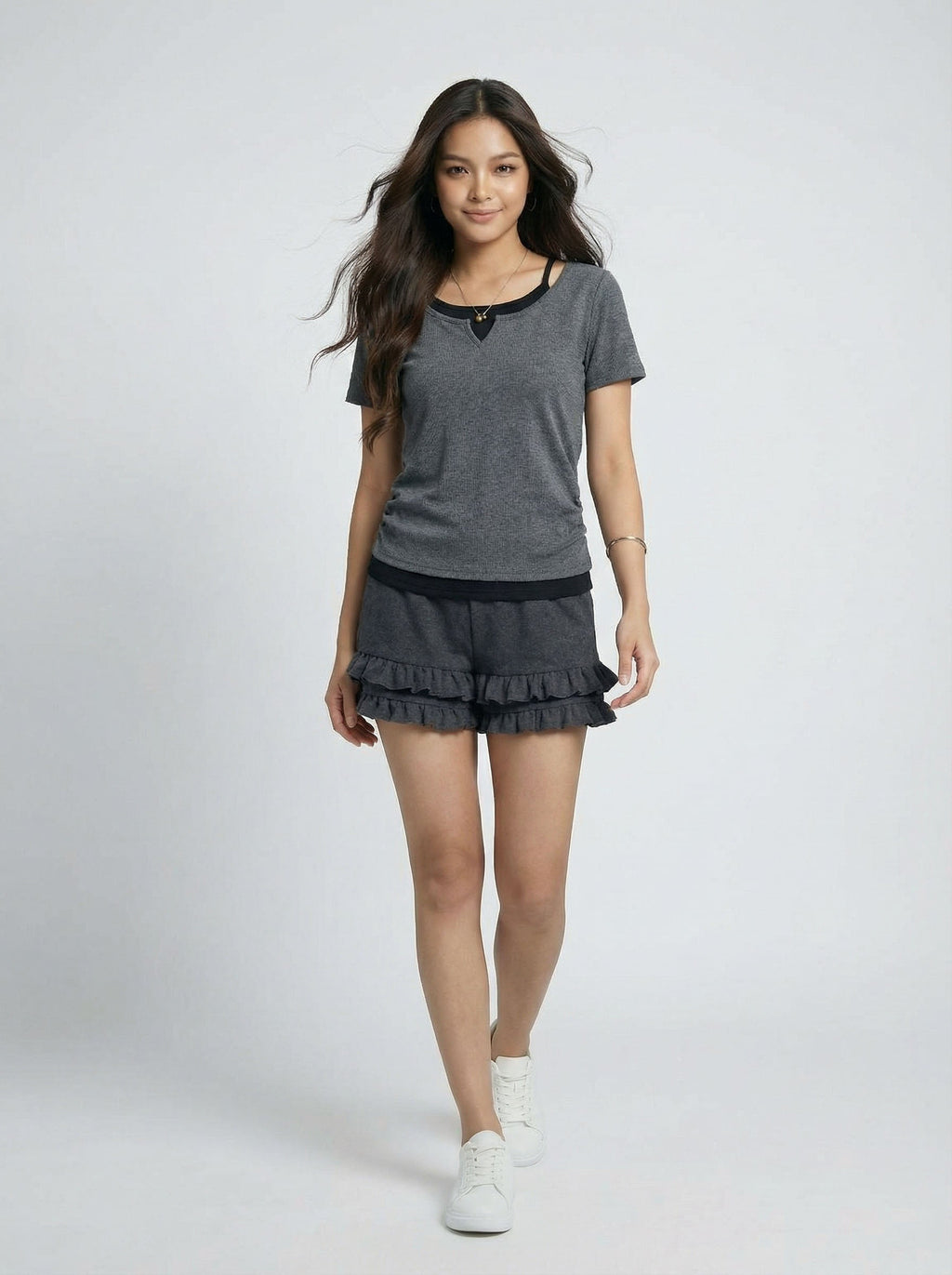Two-Piece Look Spaghetti Strap Patchwork Short Sleeve