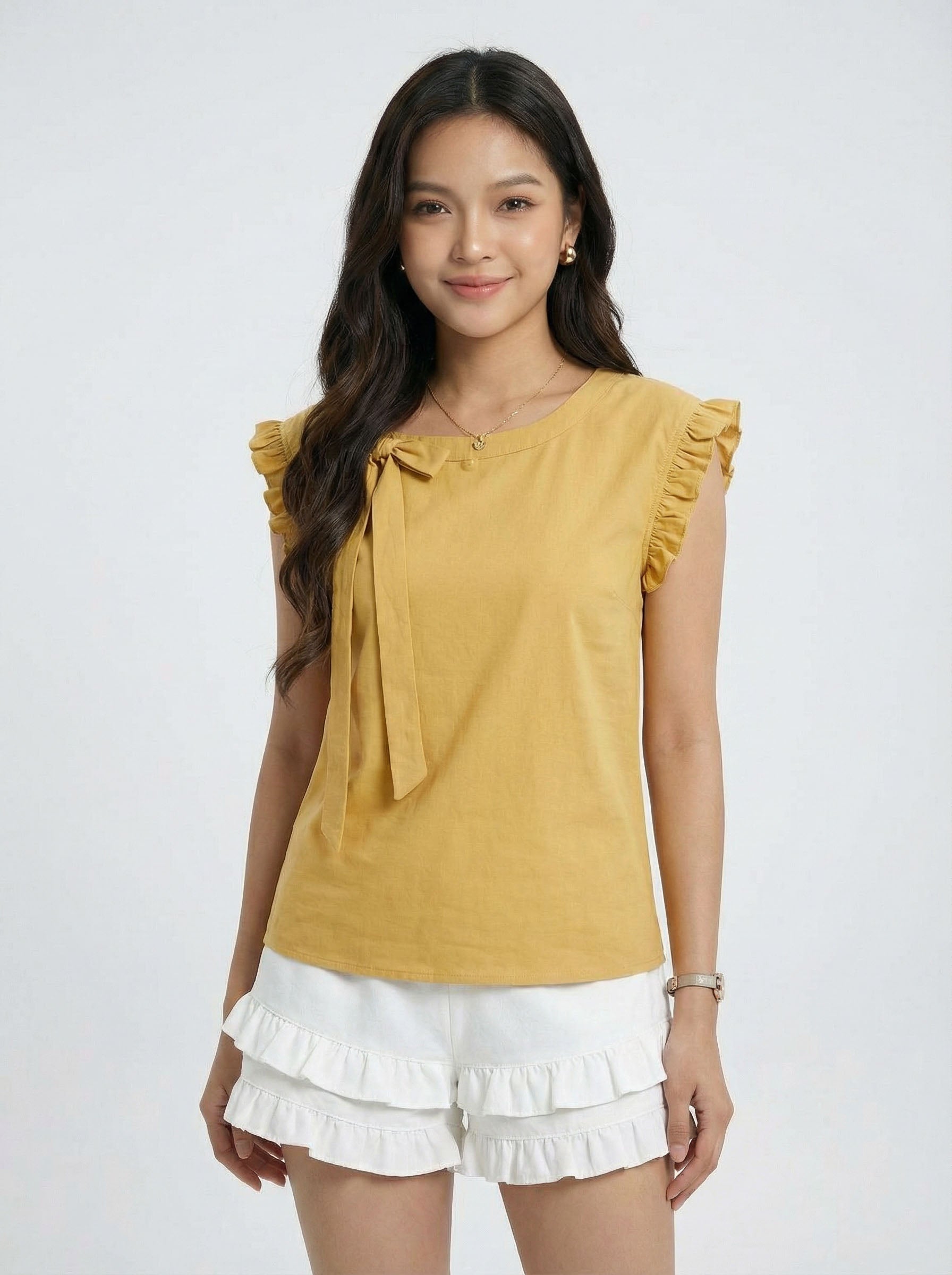 Versatile Sweetheart Style Bow Detail Ruffled T-Shirt