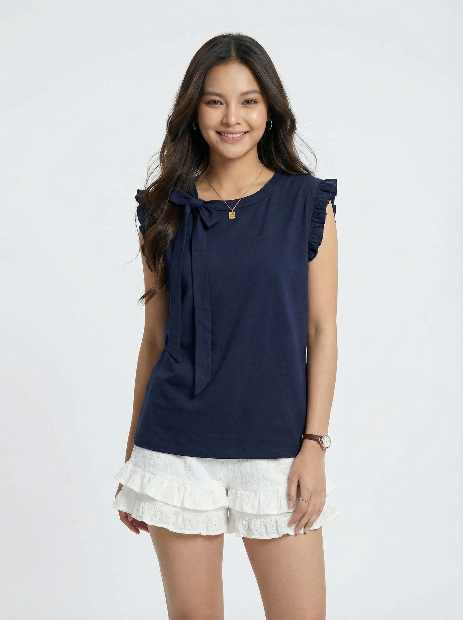 Versatile Sweetheart Style Bow Detail Ruffled T-Shirt
