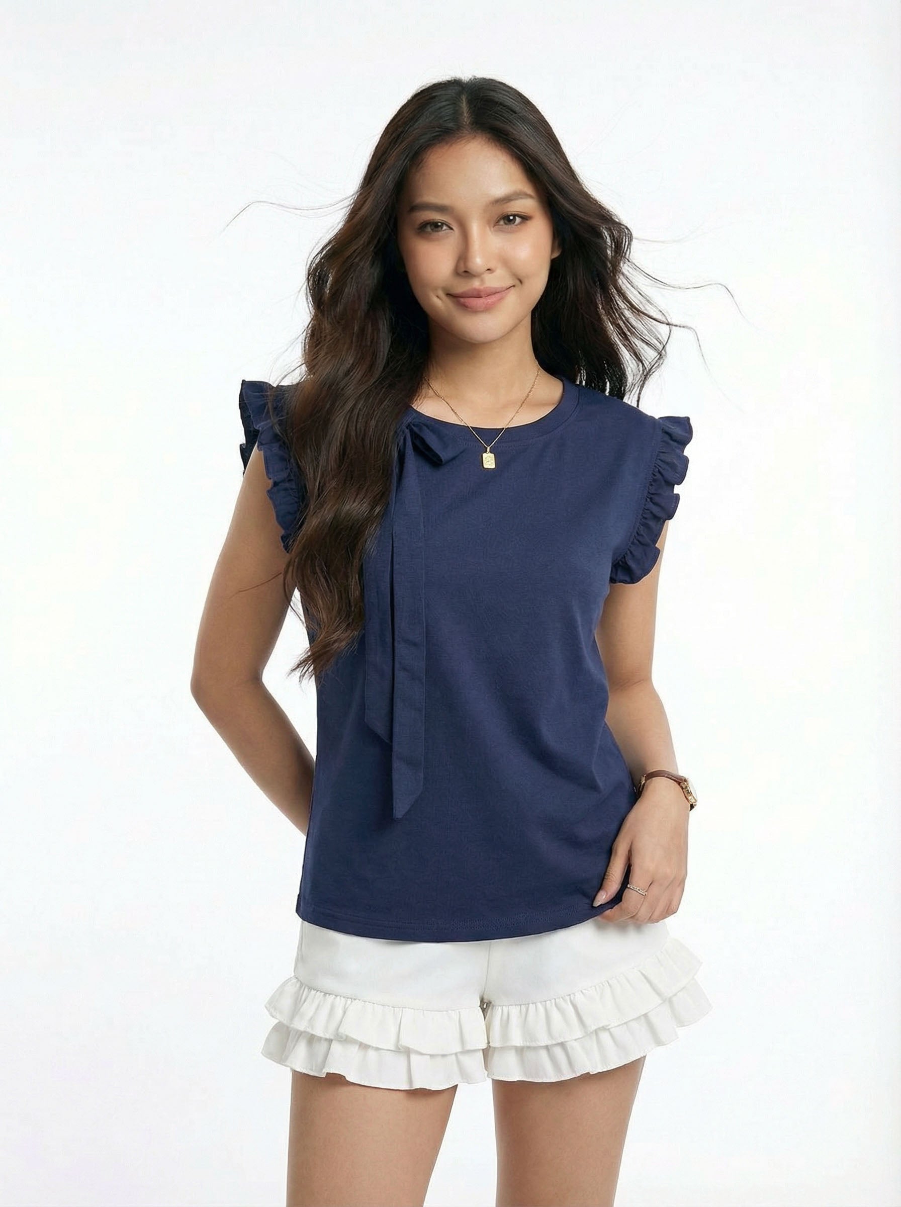 Versatile Sweetheart Style Bow Detail Ruffled T-Shirt