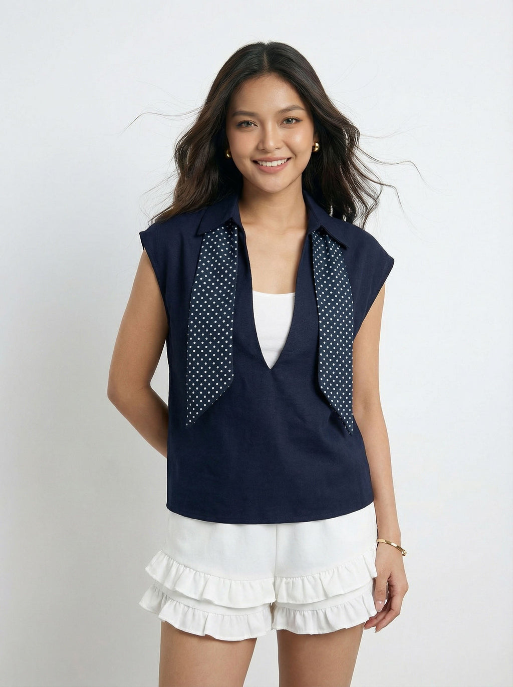 Two-Piece Look Shawl Sleeveless Oversized Polo T-Shirt