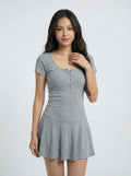Y2K Style Low Cut Fitted Short Sleeve Pleated Mini Dress
