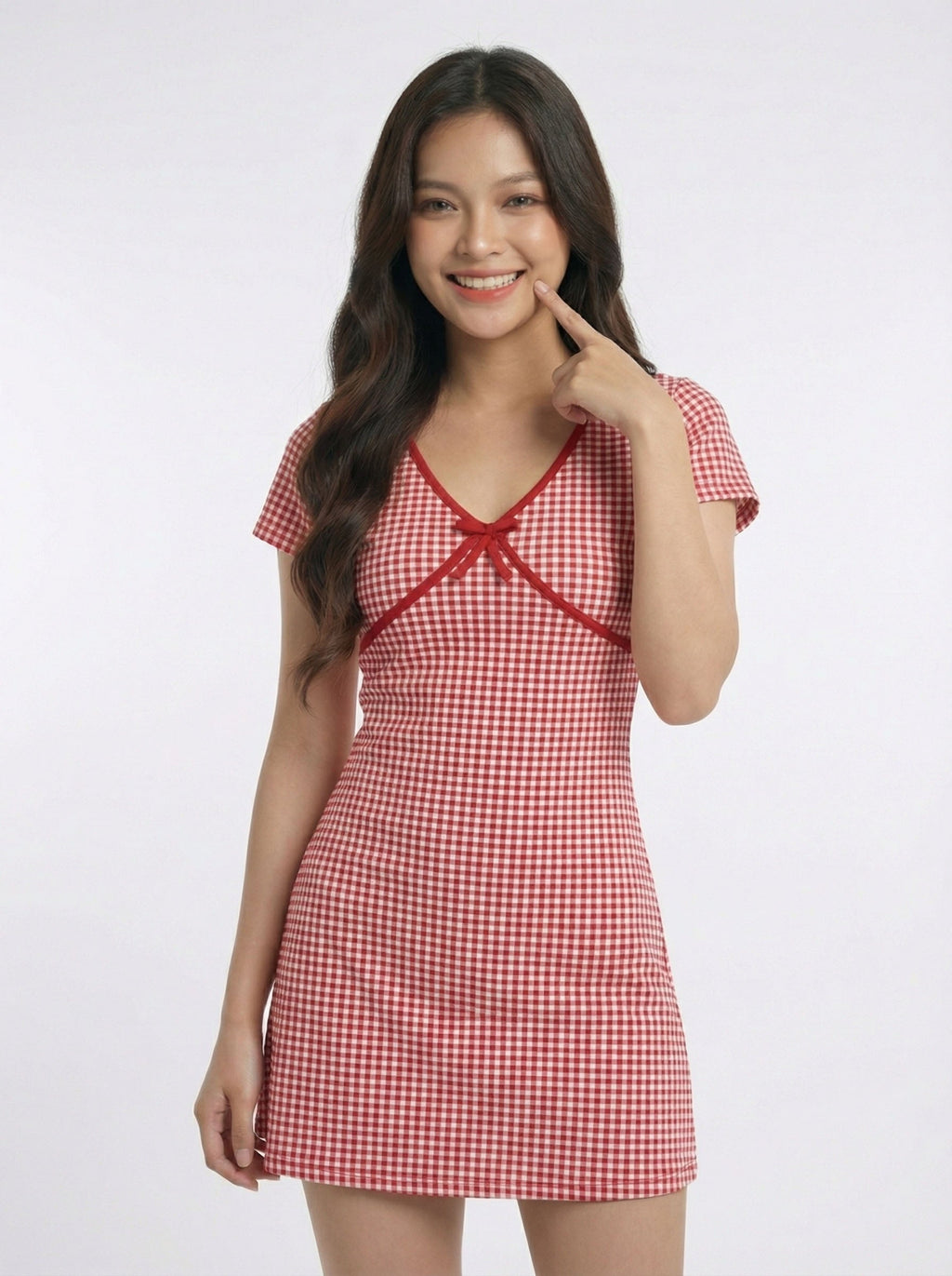 V-Neck Bow Detail Plaid Hip-hugging Dress