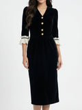 Chic Sophisticated Lace Trim Velvet Dress