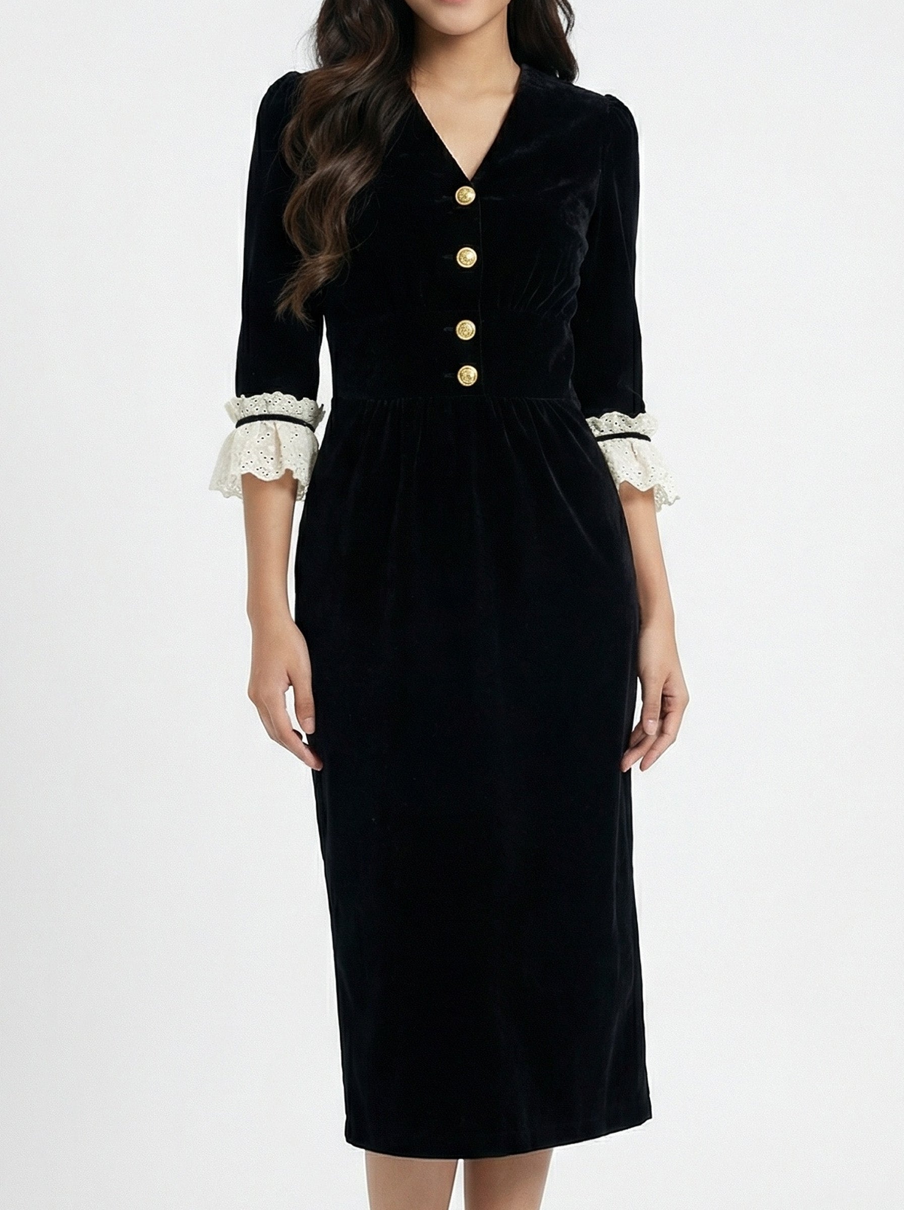 Chic Sophisticated Lace Trim Velvet Dress