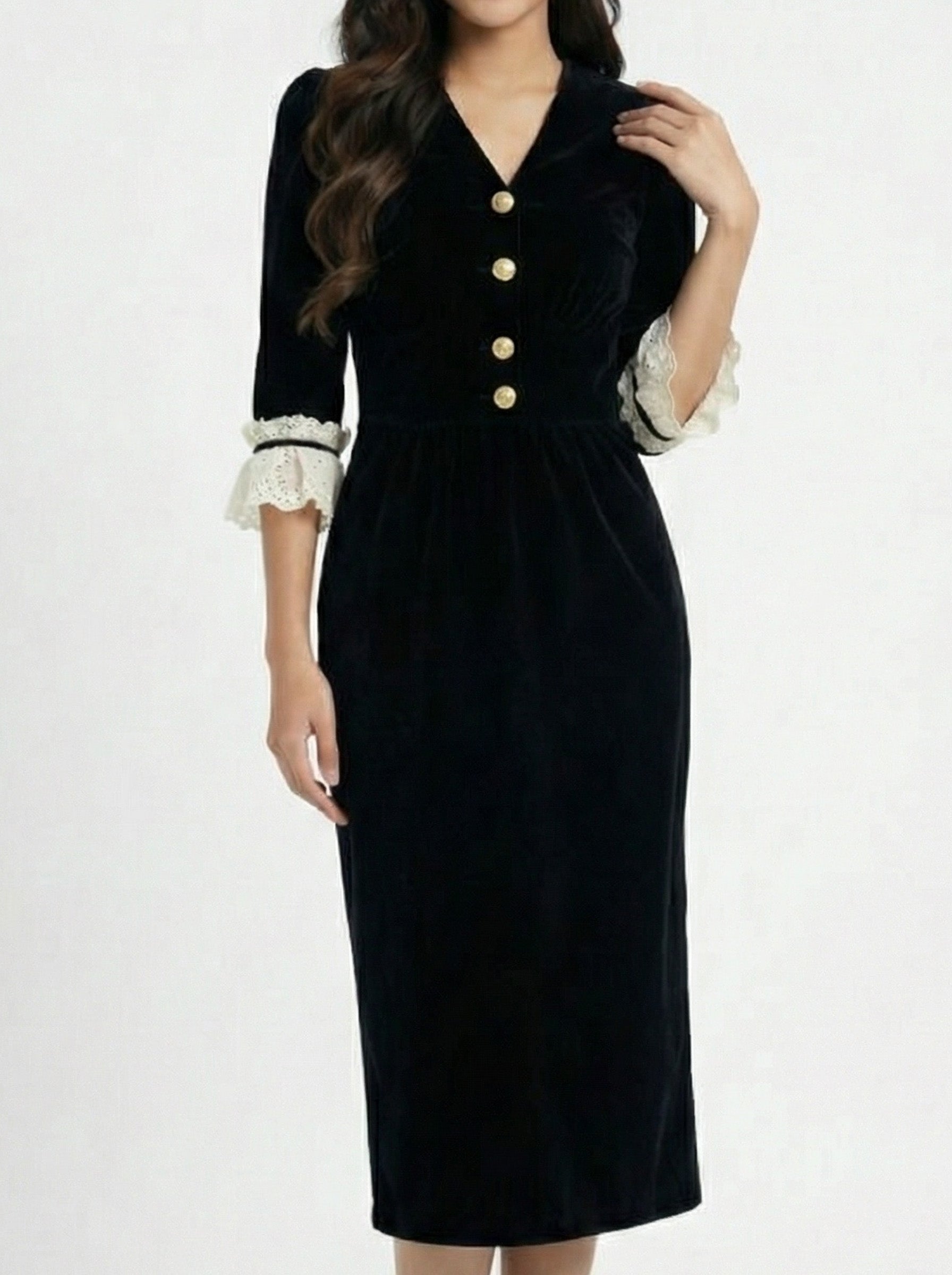 Chic Sophisticated Lace Trim Velvet Dress