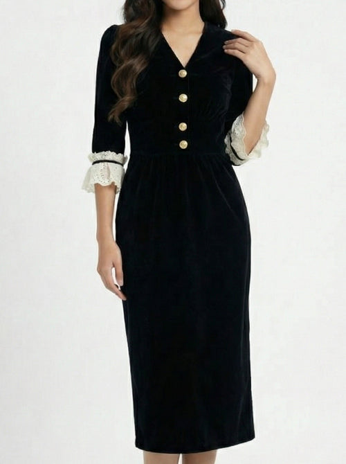 Chic Sophisticated Lace Trim Velvet Dress