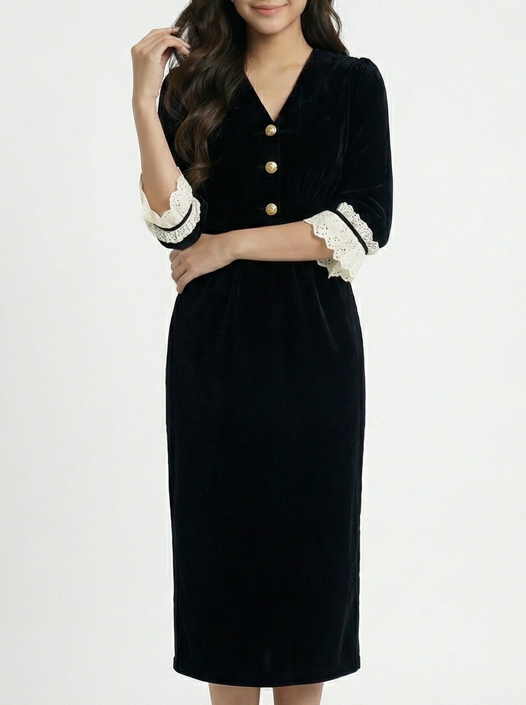 Chic Sophisticated Lace Trim Velvet Dress