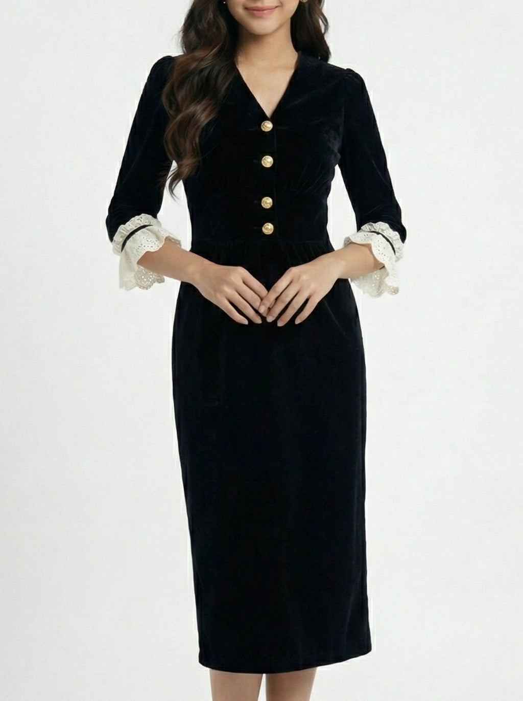 Chic Sophisticated Lace Trim Velvet Dress