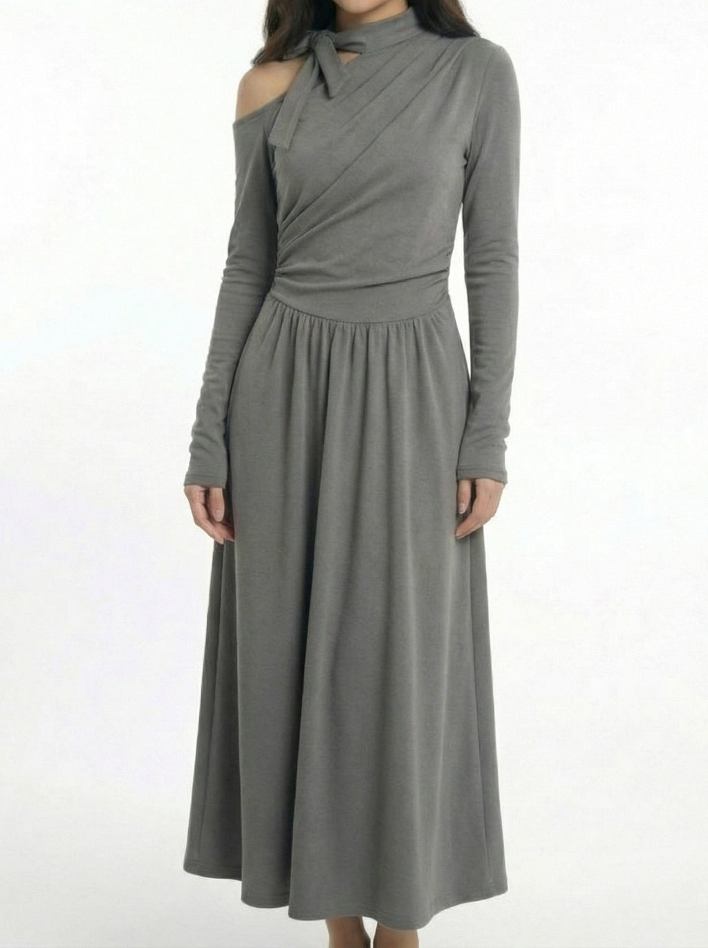 Asymmetrical Off-Shoulder Waist Cinched Maxi Dress