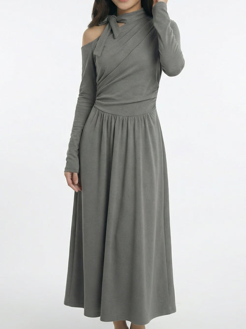 Asymmetrical Off-Shoulder Waist Cinched Maxi Dress