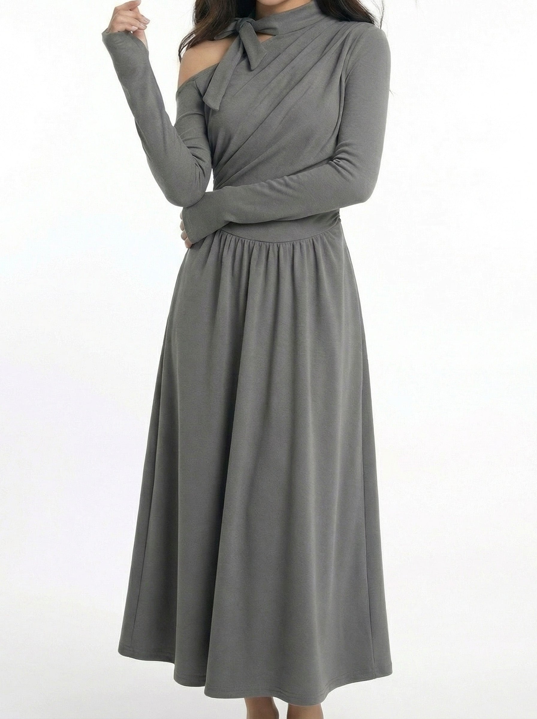 Asymmetrical Off-Shoulder Waist Cinched Maxi Dress
