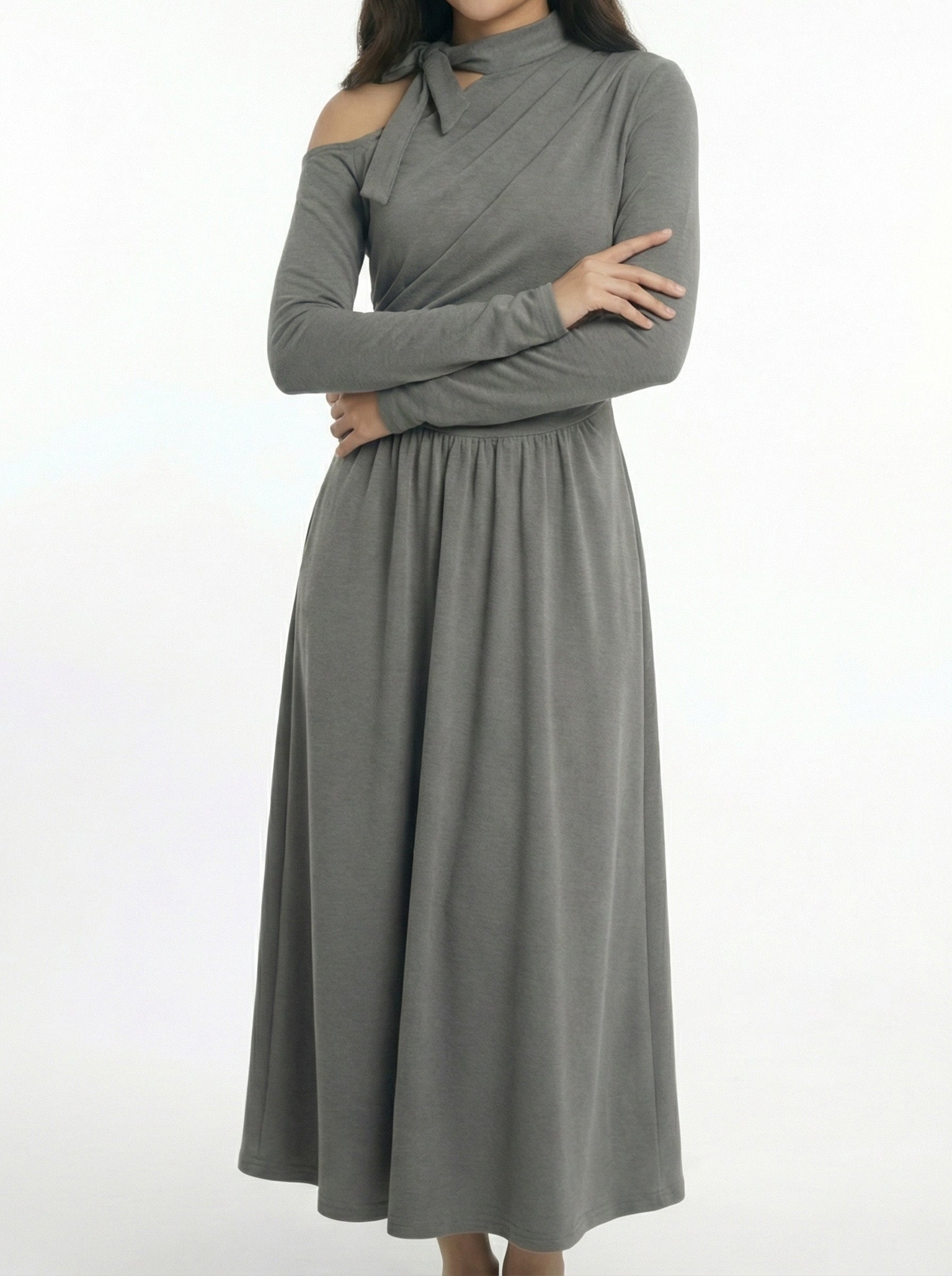 Asymmetrical Off-Shoulder Waist Cinched Maxi Dress