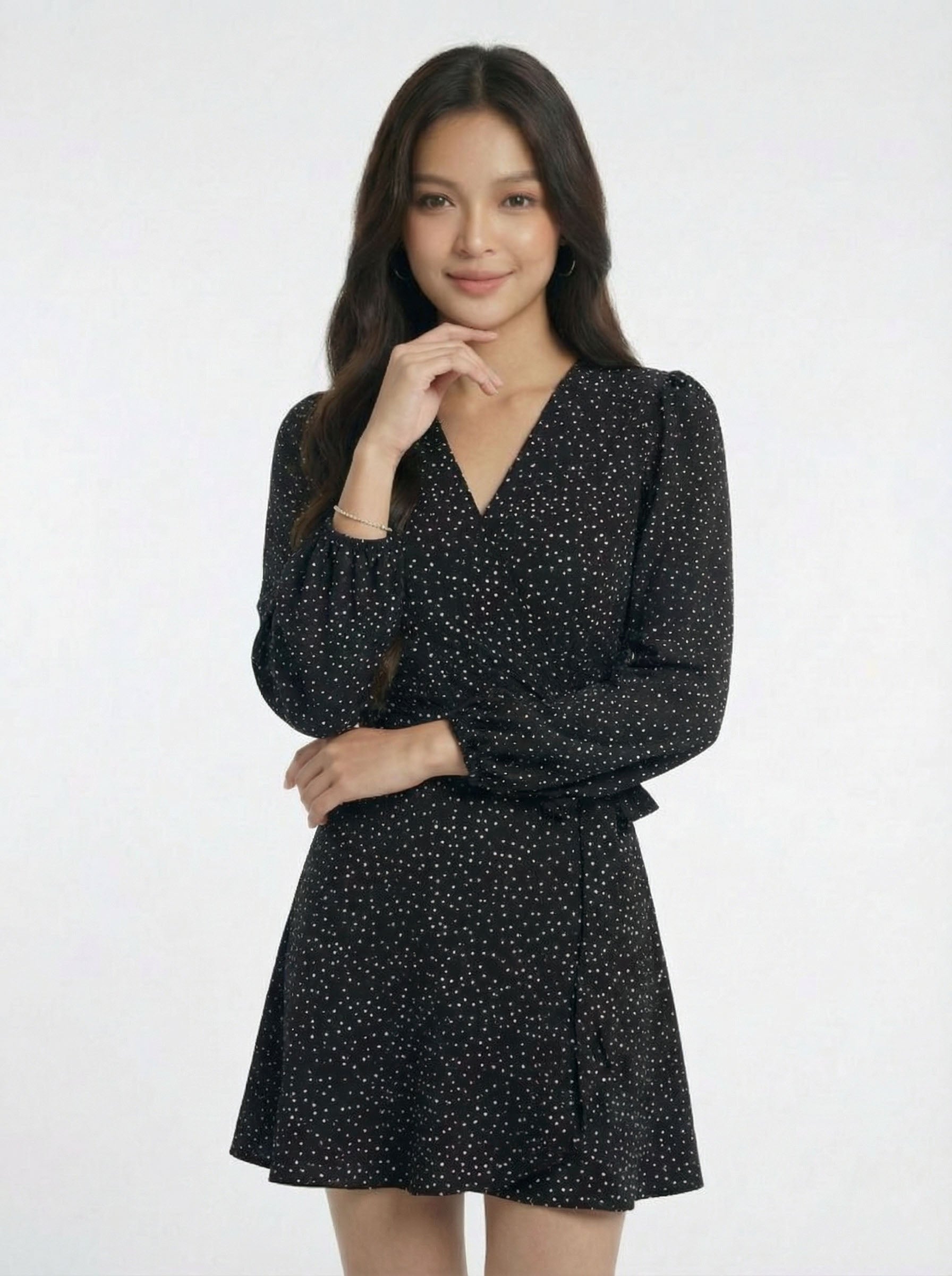 Vintage V-Neck Waist Cinched Polka Dot Dress