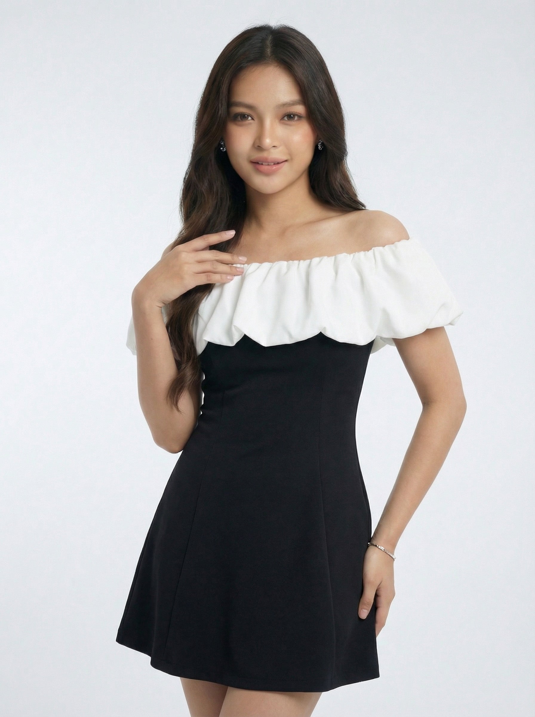 Patchwork Design Detail Off-the-Shoulder Mini Dress