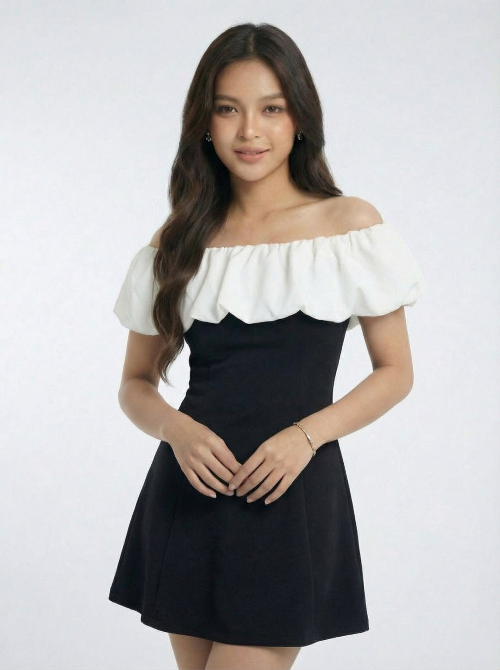 Patchwork Design Detail Off-the-Shoulder Mini Dress