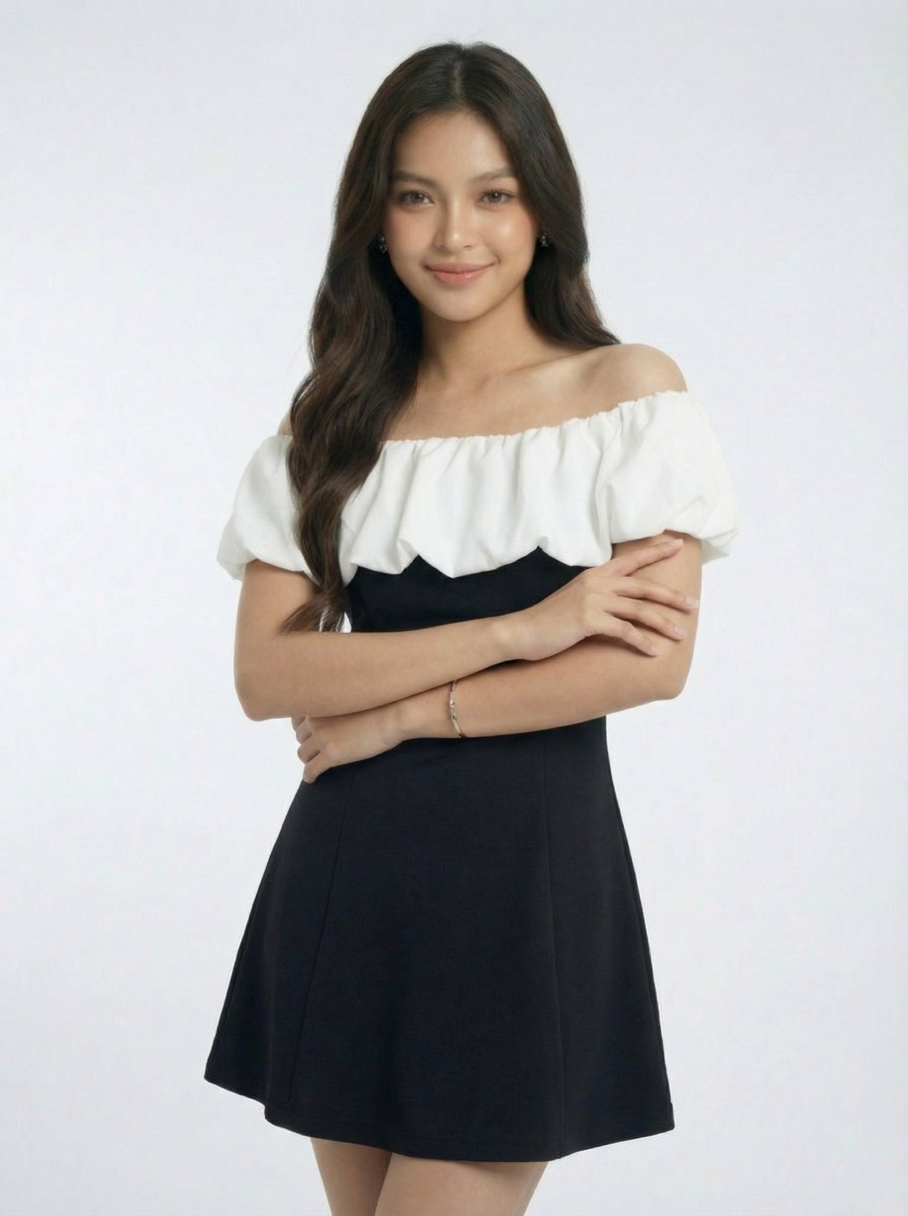 Patchwork Design Detail Off-the-Shoulder Mini Dress