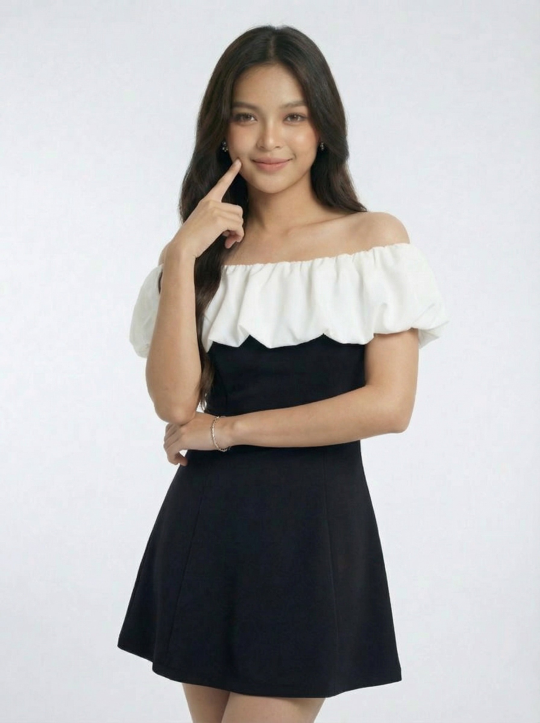 Patchwork Design Detail Off-the-Shoulder Mini Dress