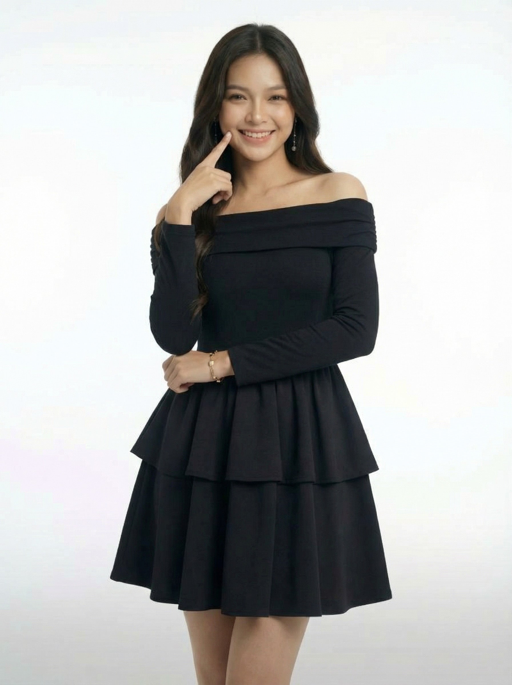 Slim Fit Off-the-Shoulder A-Line Long Sleeve Mini Dress