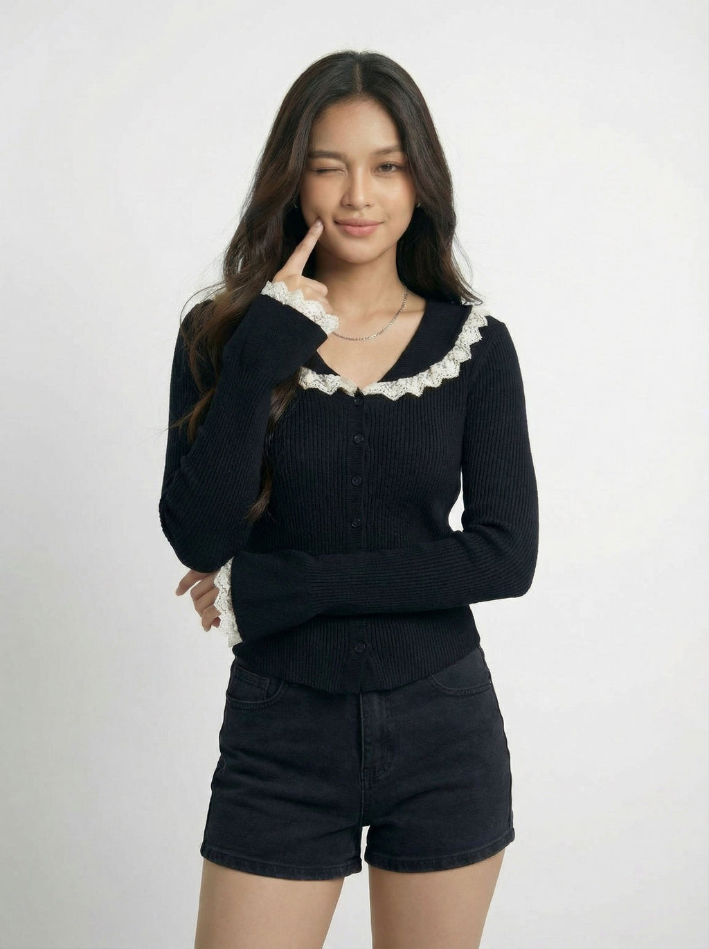 Bow Embroidery Polo Collar Knit Top