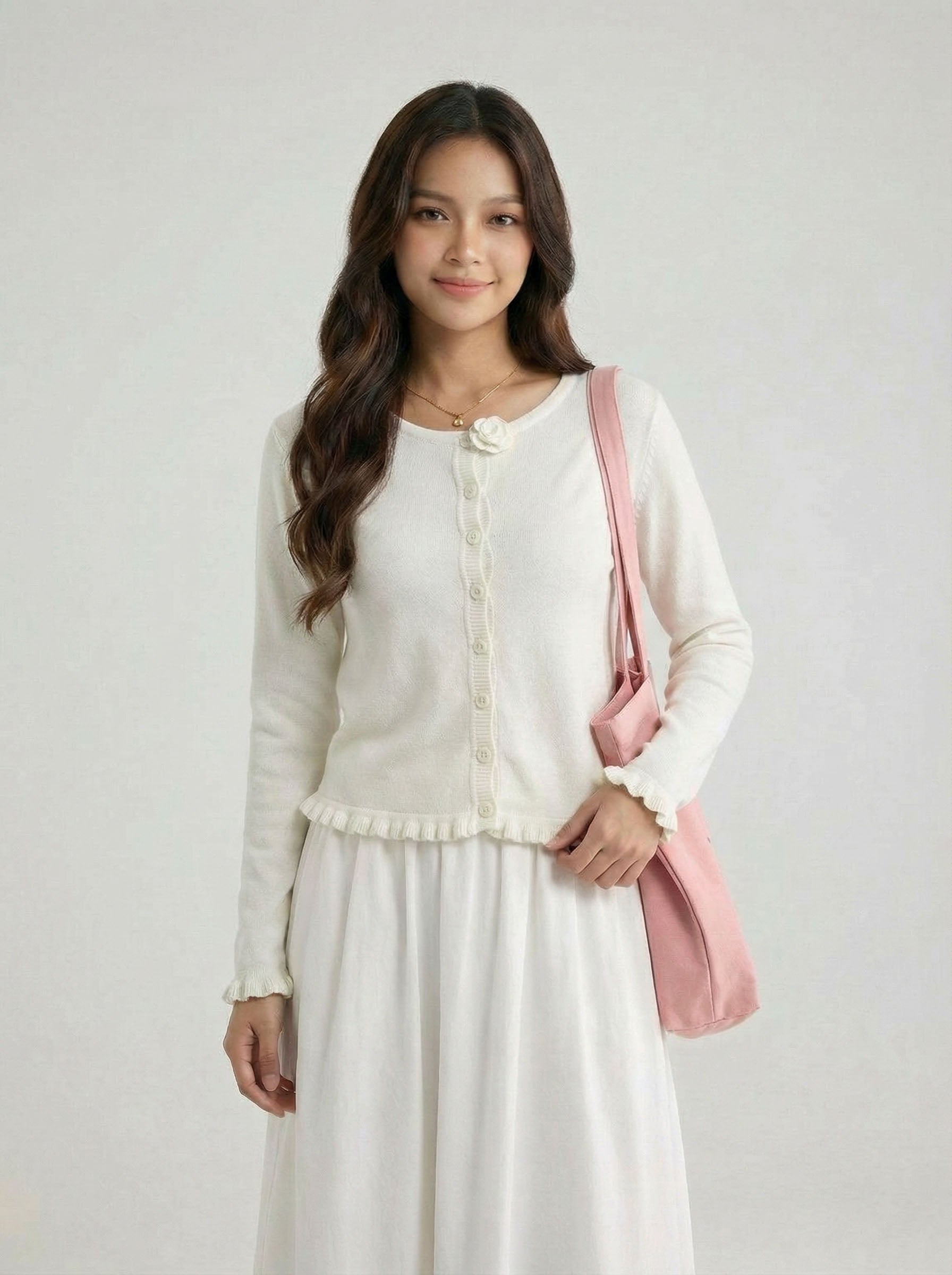 Ruffled 3D Flower Knit Cardigan