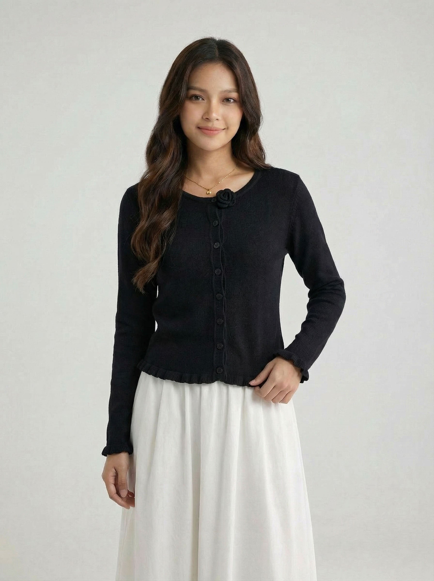 Ruffled 3D Flower Knit Cardigan