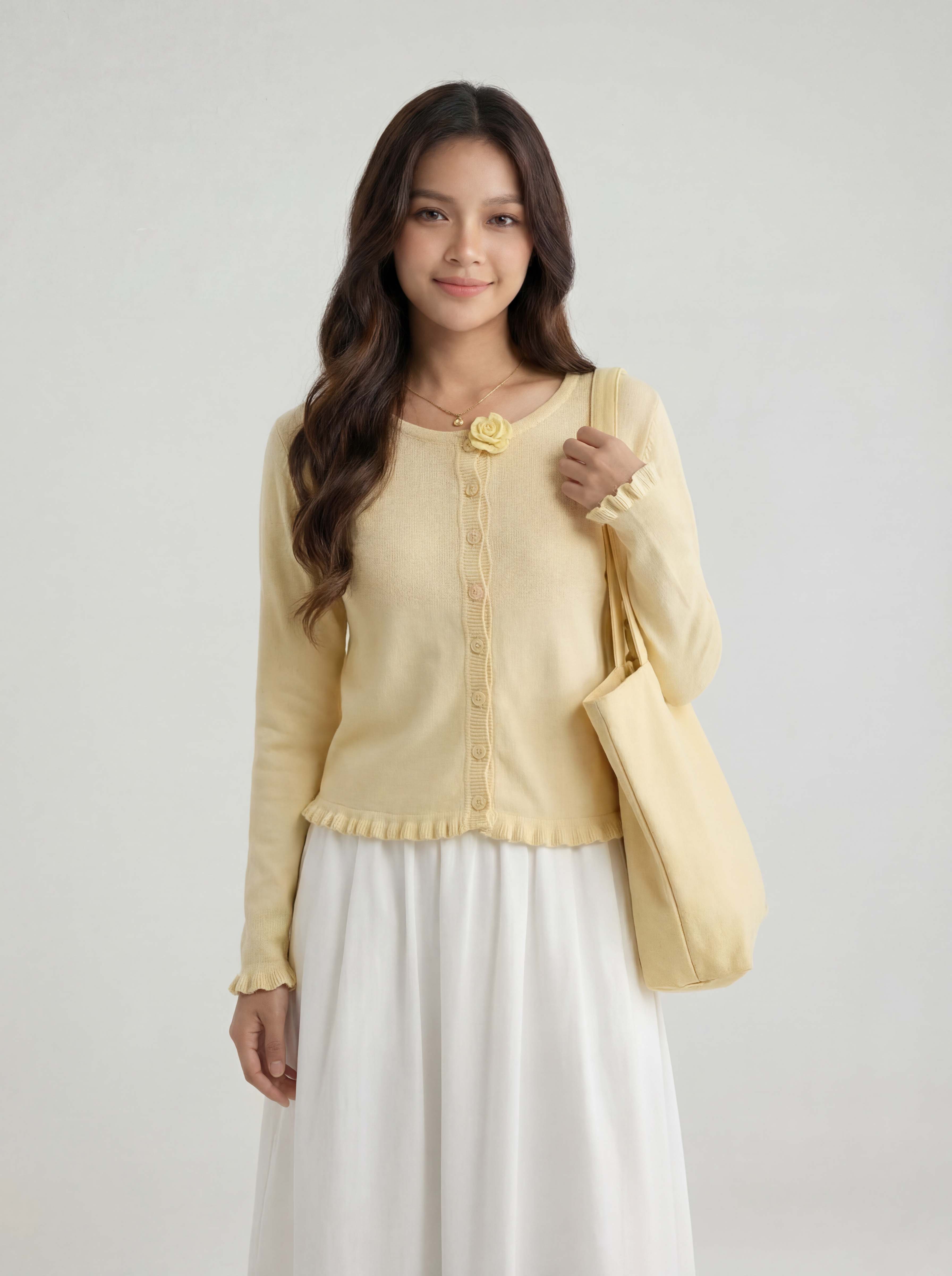 Ruffled 3D Flower Knit Cardigan