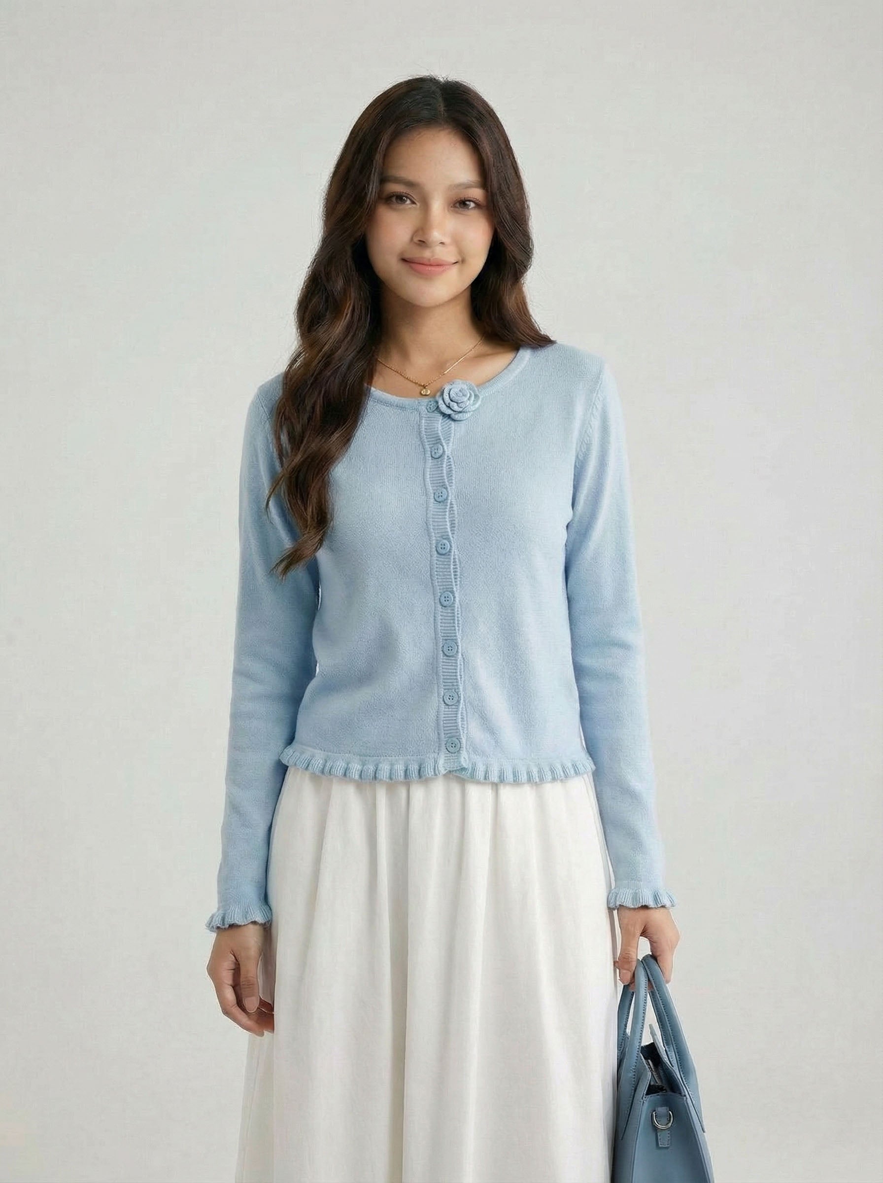 Ruffled 3D Flower Knit Cardigan