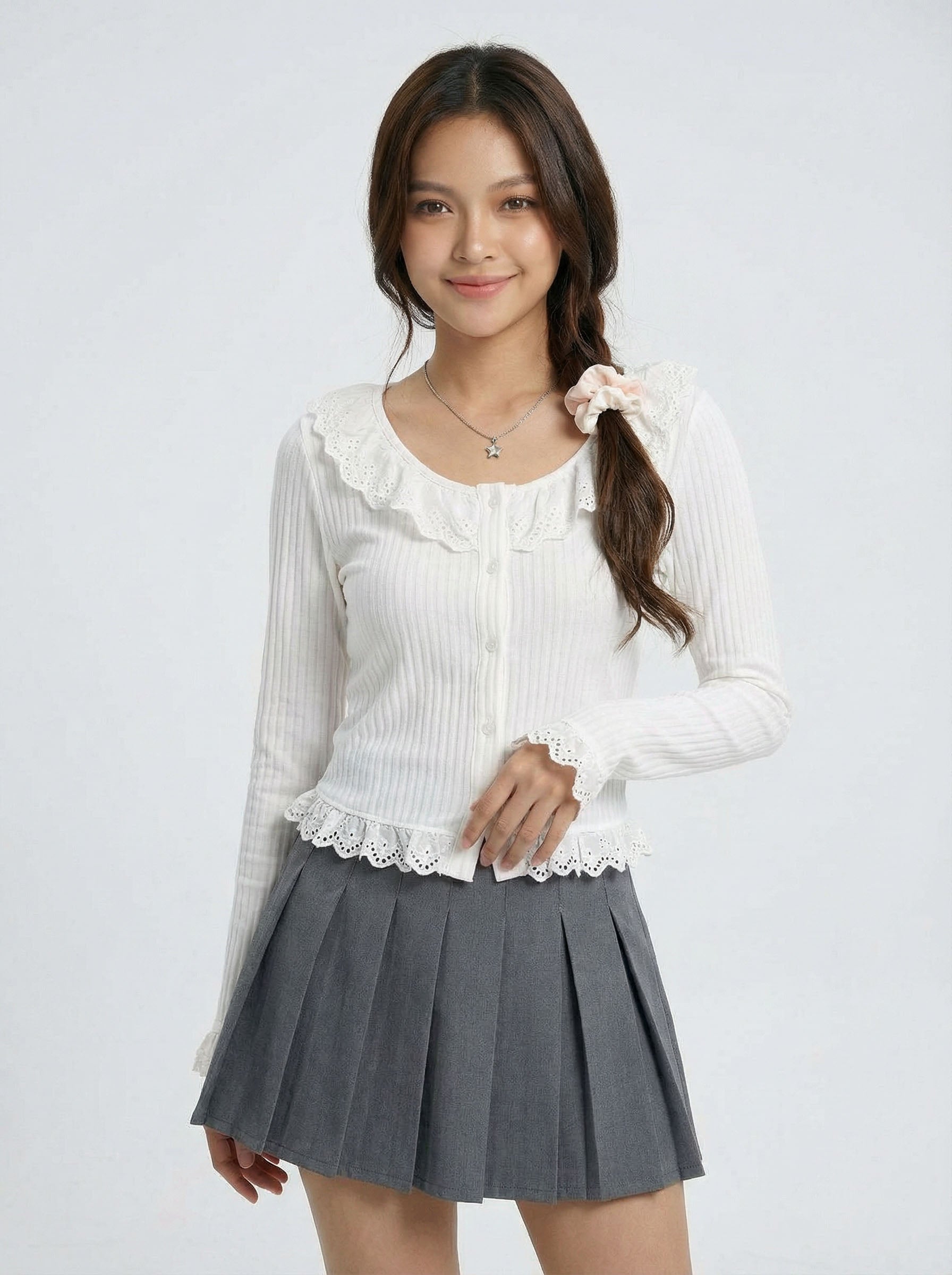 Ruffled Patchwork Knit Long Sleeve Top