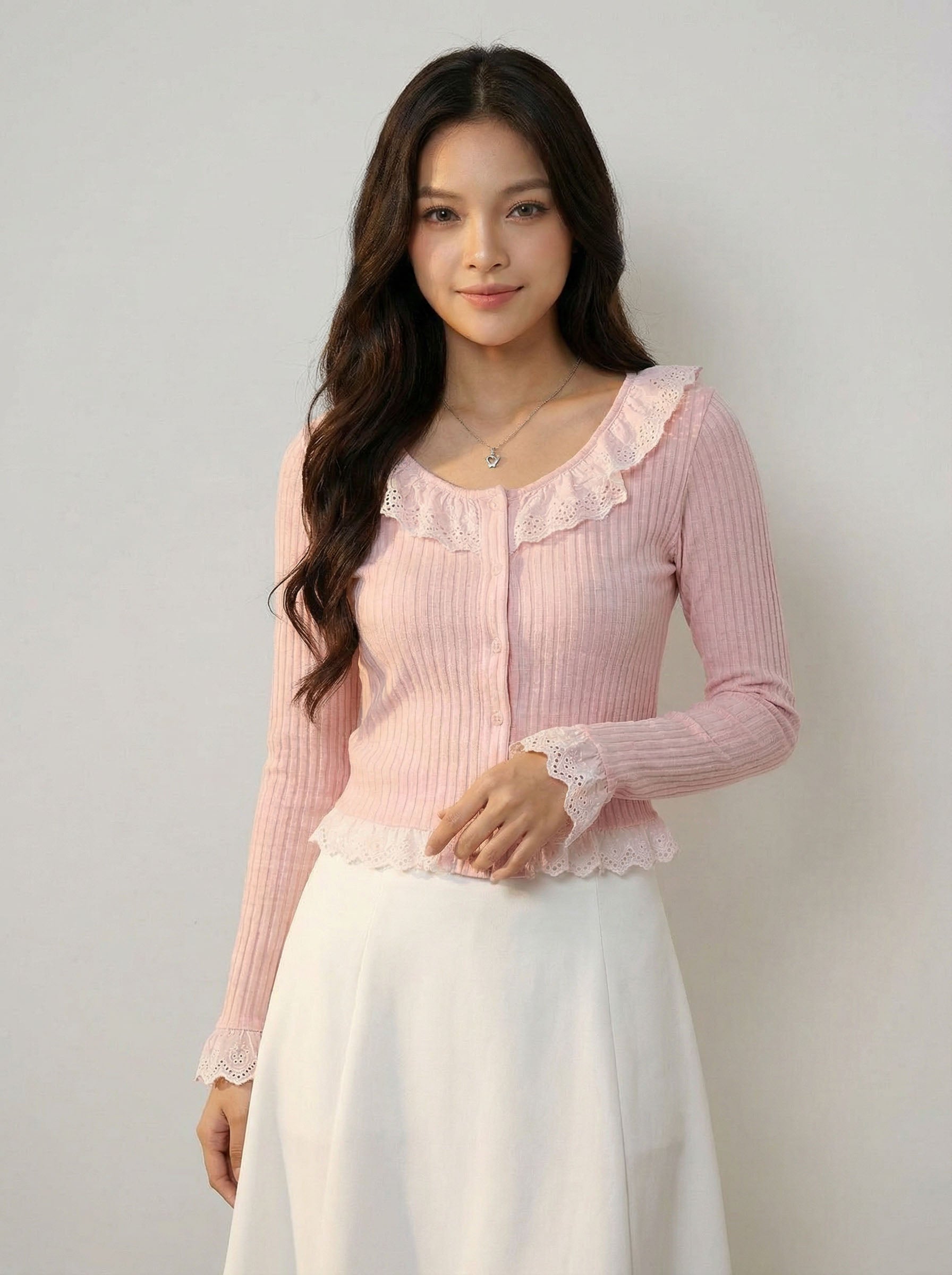 Ruffled Patchwork Knit Long Sleeve Top