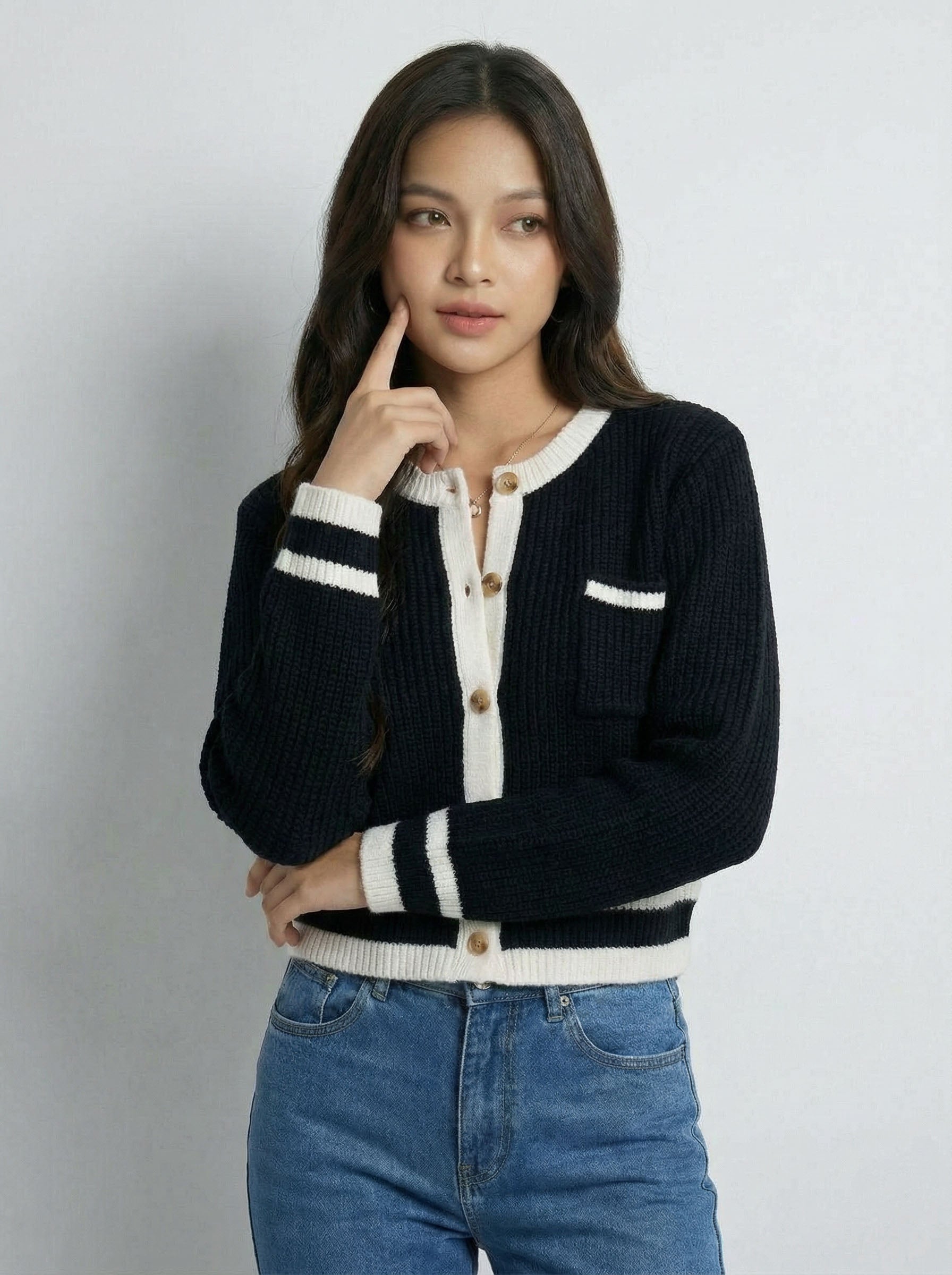 Color Block Design Sense Cropped Top Knit Cardigan