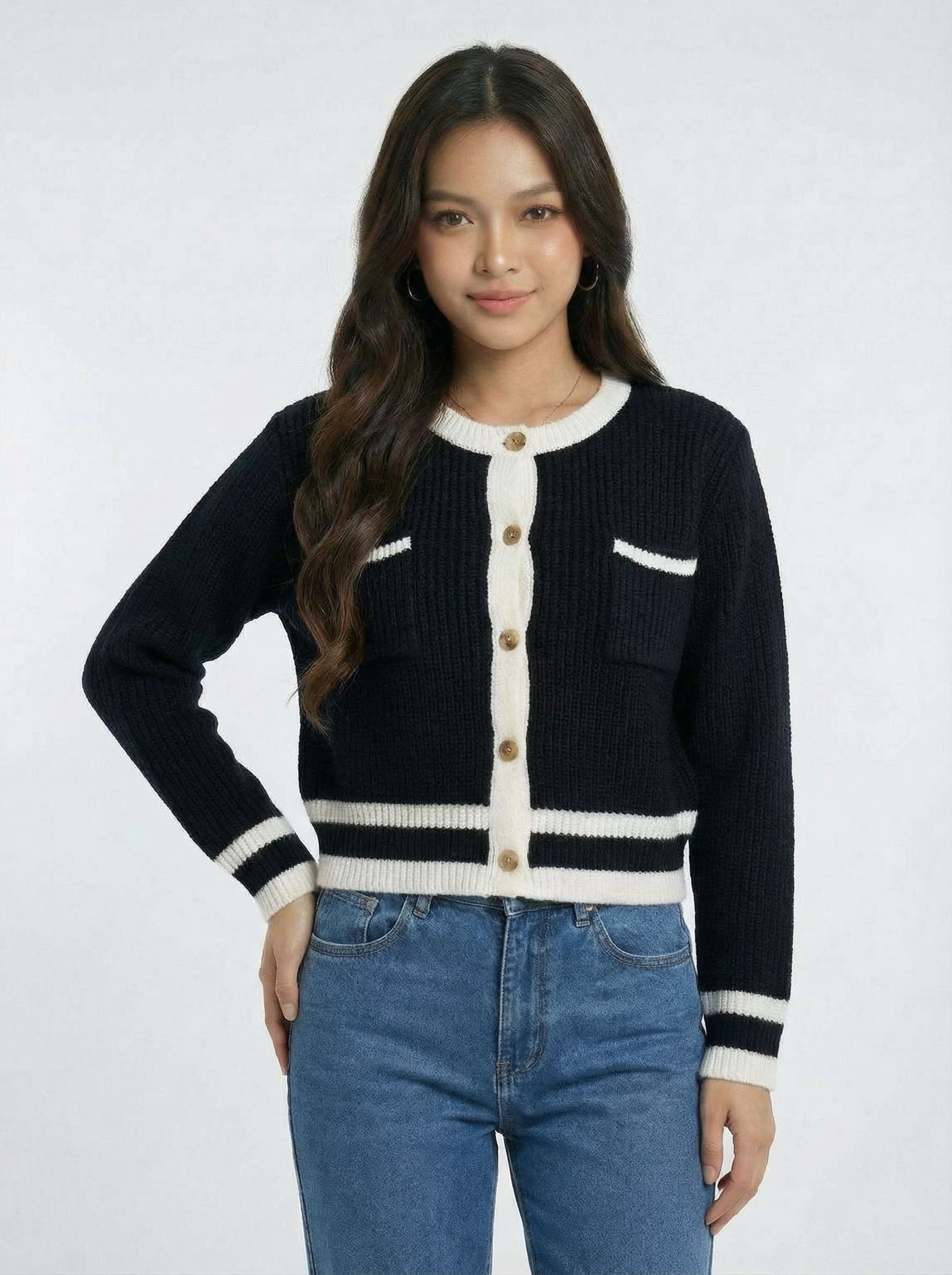 Color Block Design Sense Cropped Top Knit Cardigan