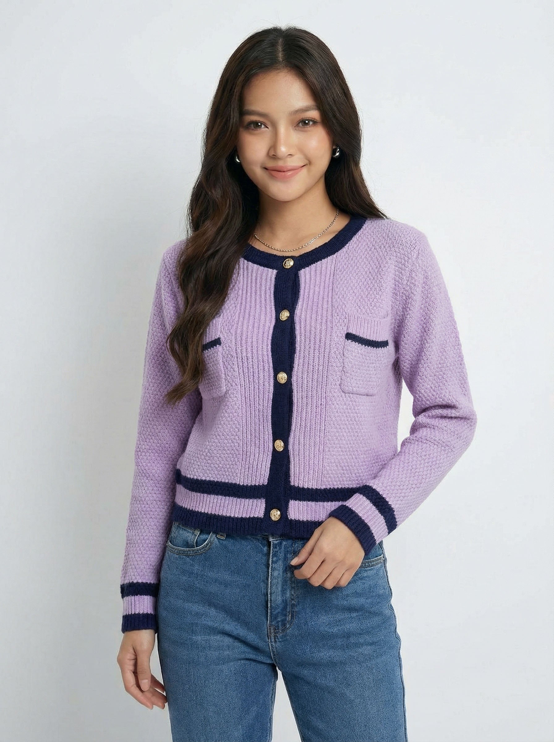 Color Block Design Sense Cropped Top Knit Cardigan