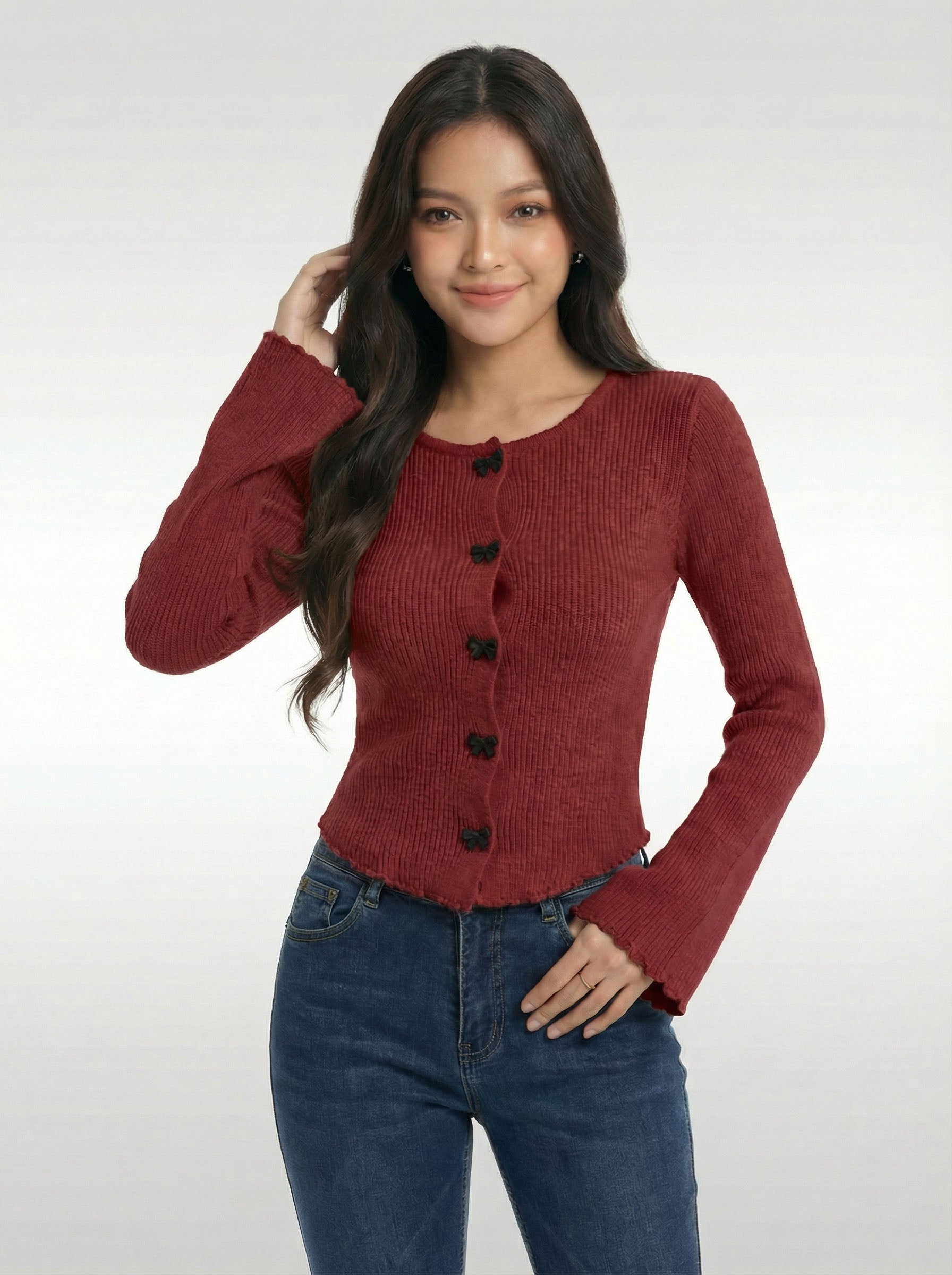 Ruffled Trim Bow Knit Sweater