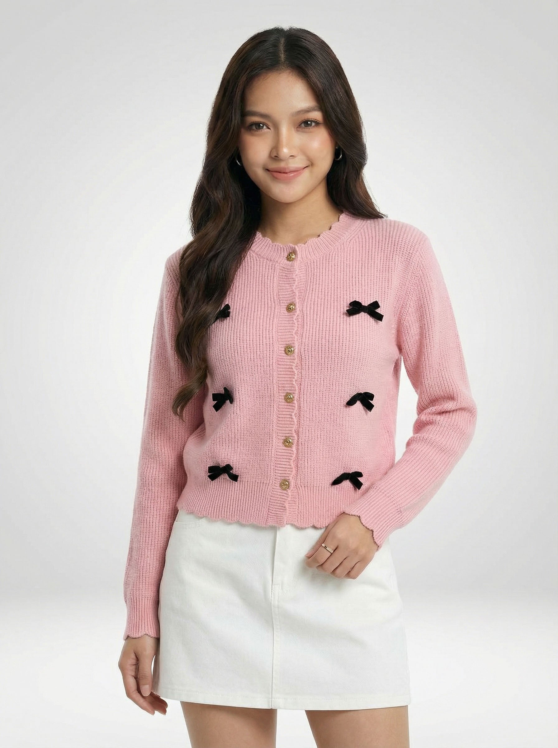 Crew Neck Bow Detail Knit Cardigan