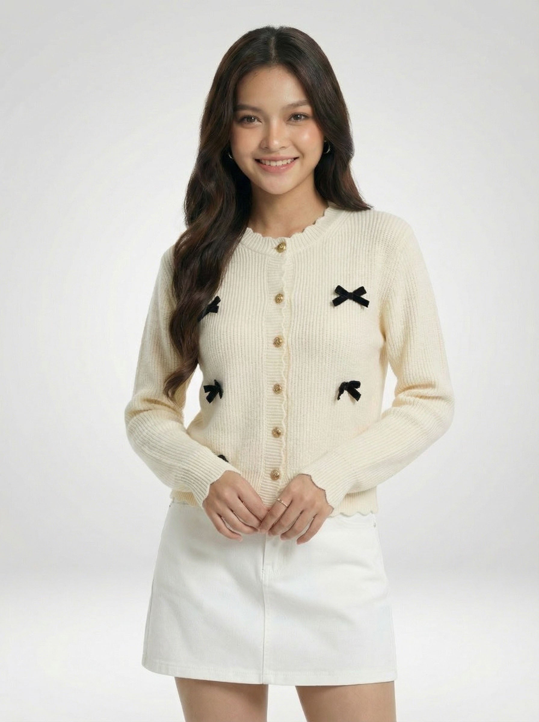 Crew Neck Bow Detail Knit Cardigan