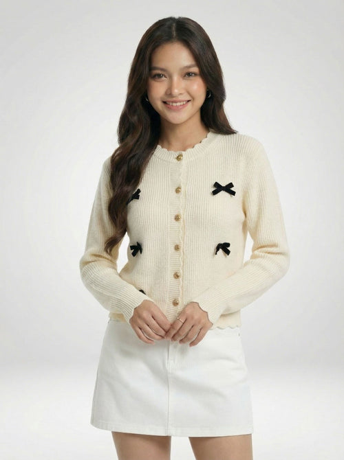 Crew Neck Bow Detail Knit Cardigan