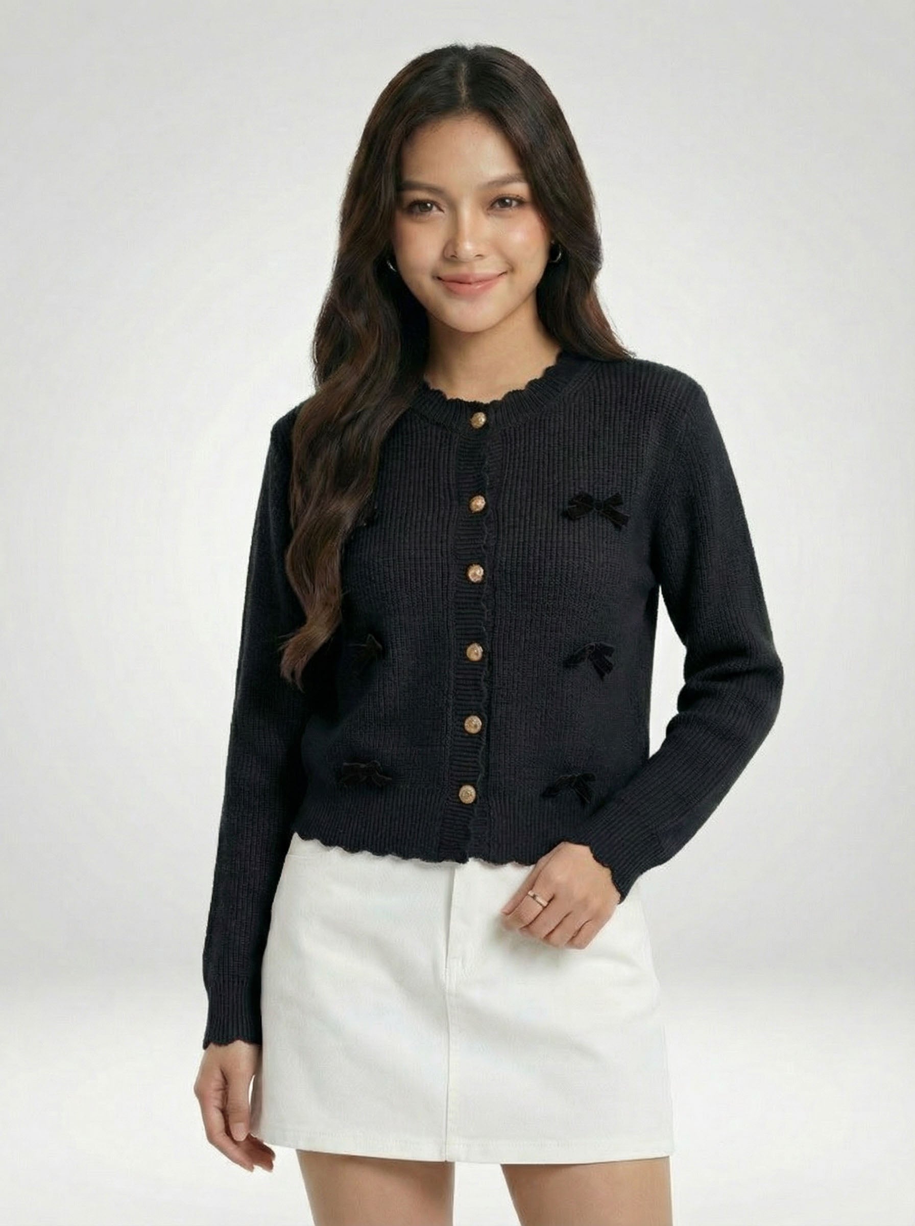 Crew Neck Bow Detail Knit Cardigan