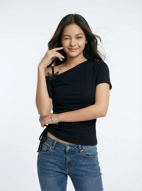 3D Butterfly Off Shoulder Cropped Knit Top