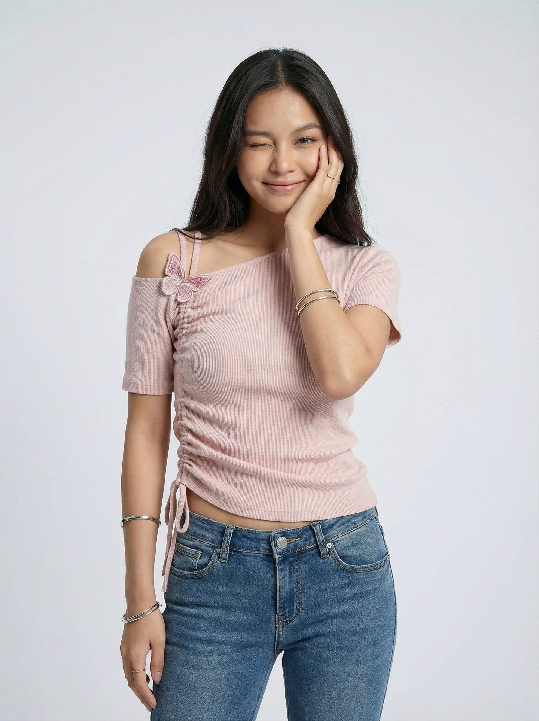 3D Butterfly Off Shoulder Cropped Knit Top