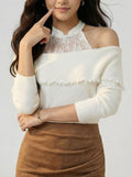 Lace Frog Button One-Shoulder Slim Halter Knit Top